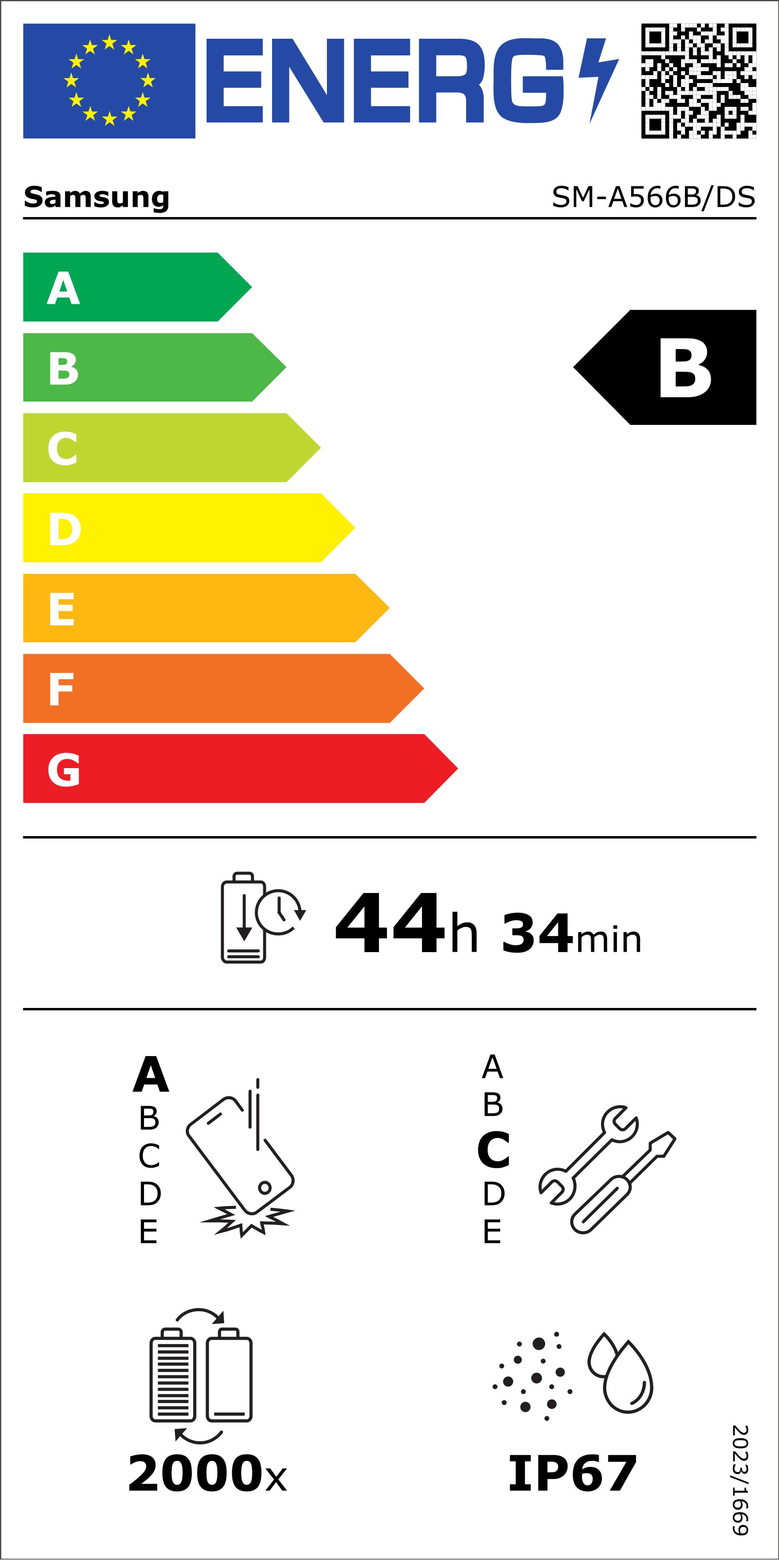 Ein Energielabel für ein Samsung-Telefon. Zeigt Energieeffizienz, Akkulaufzeit und Symbole für Haltbarkeit und Funktionen.