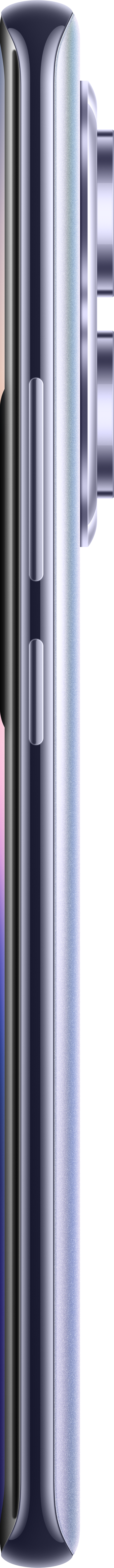 Seitenansicht eines silbernen Smartphones mit Tasten und Kameras.