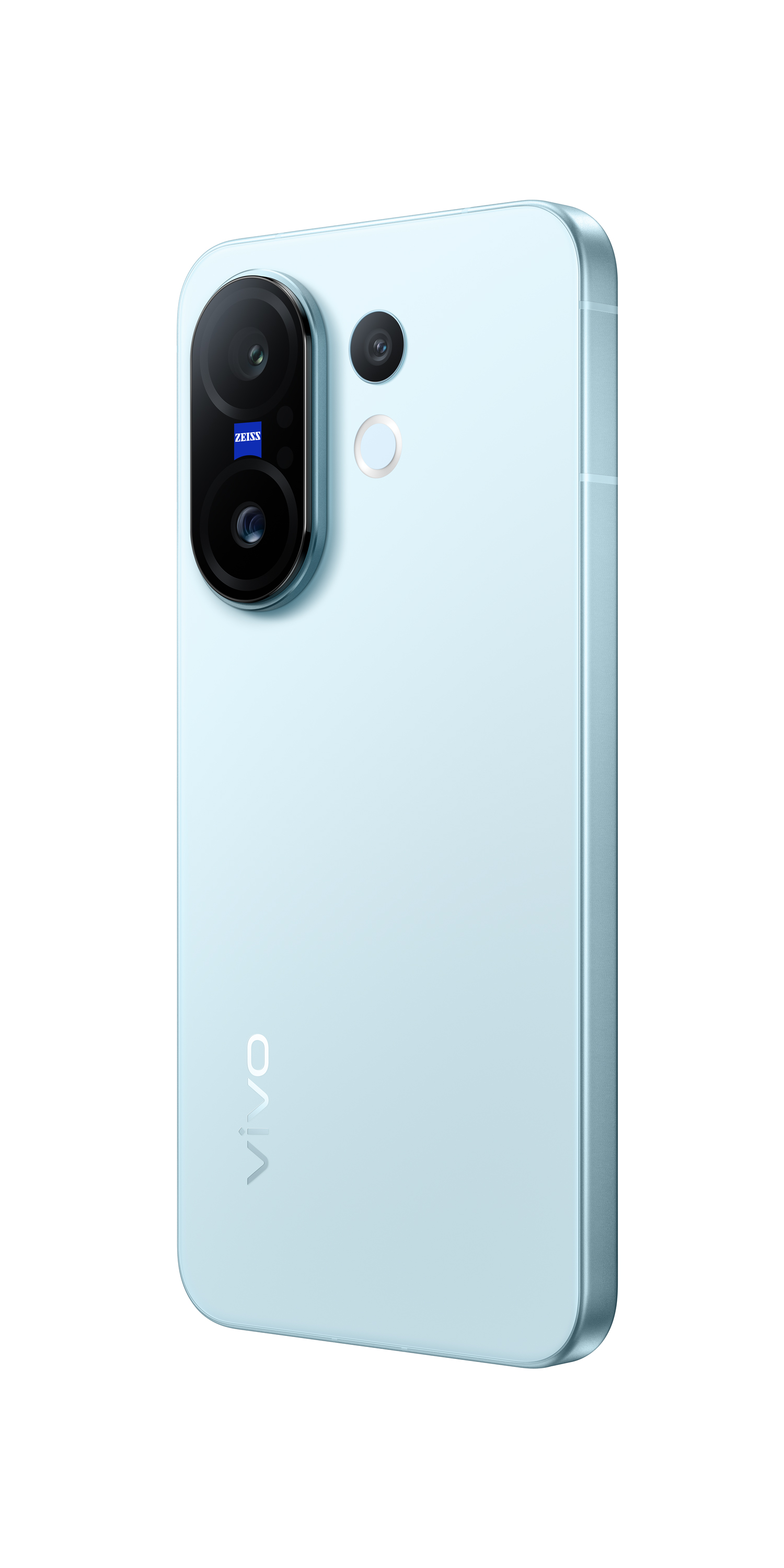 Ein hellblaues Smartphone, nach rechts geneigt. Es hat drei Kameras, die obere mit der Aufschrift 'ZEISS'. Das Logo 'vivo' befindet sich unten.