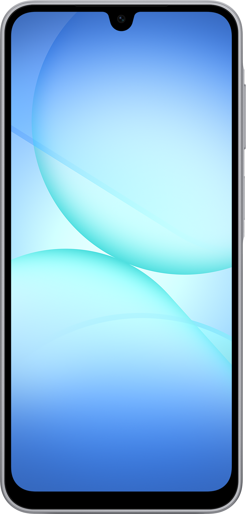 Ein Smartphone zeigt einen Farbverlaufshintergrund in Blau und Blaugrün mit abstrakten, abgerundeten Formen. Eine Frontkamera ist sichtbar.