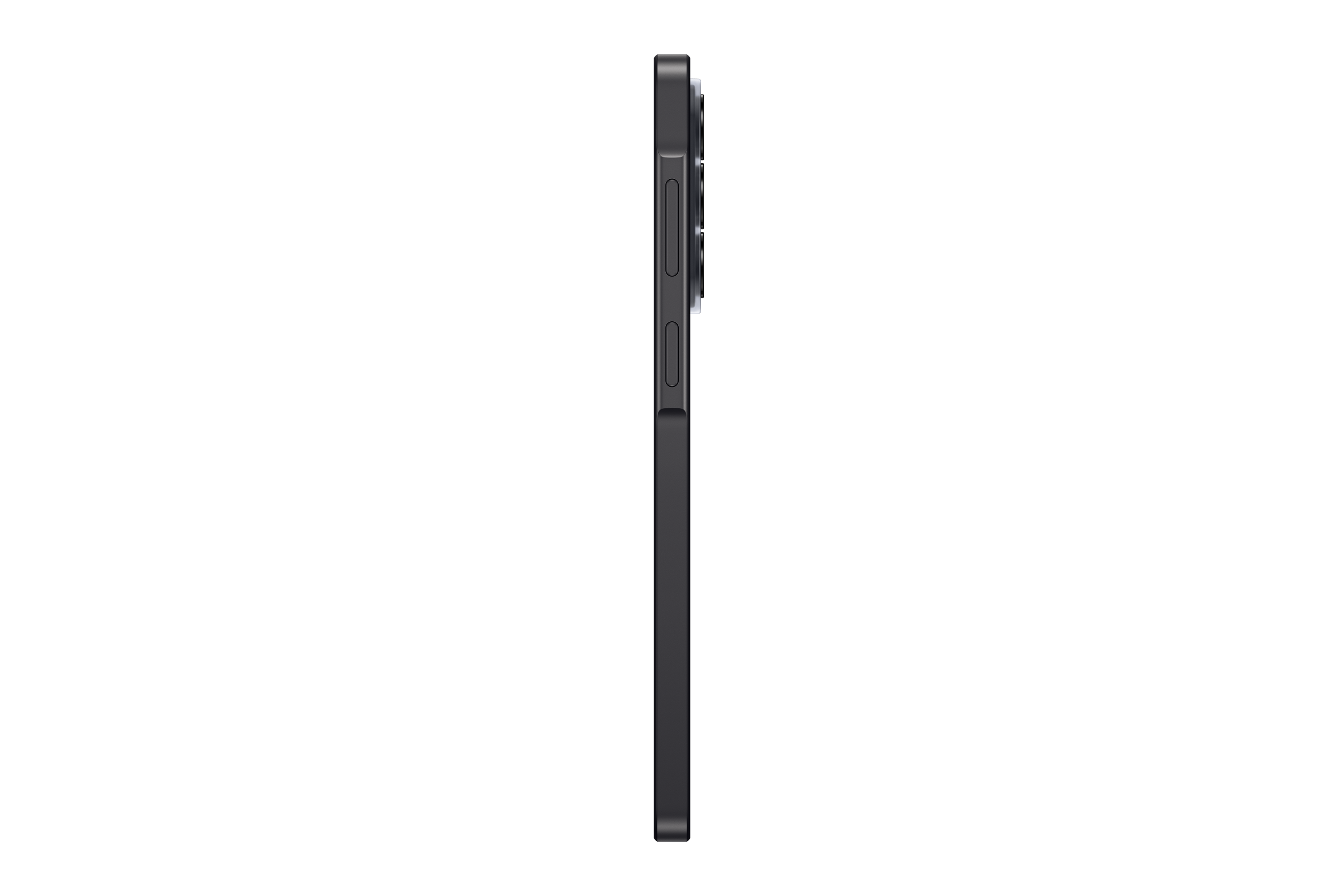Dunkelgraues Smartphone im Profil mit Kameramodul und seitlichen Tasten.