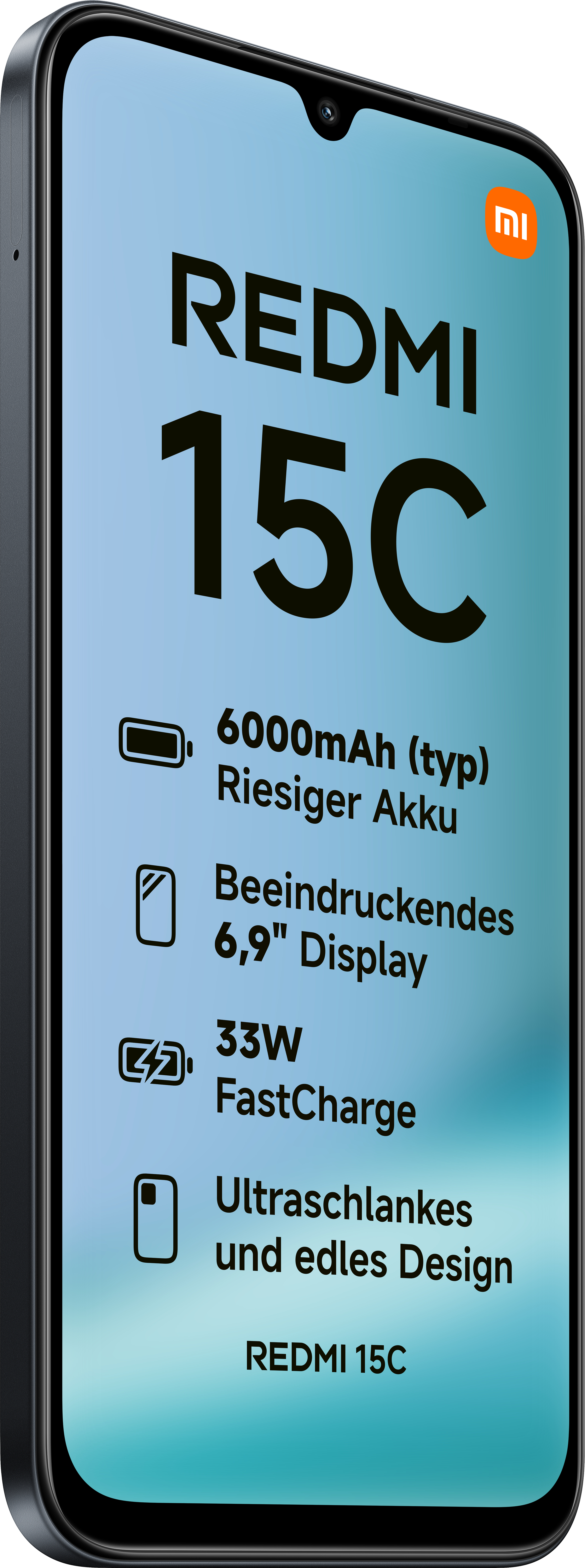 Smartphone-Bildschirm mit 'REDMI 15C' und Funktionen: 6000mAh Akku, 6,9" Display, 33W FastCharge und schlankes Design.