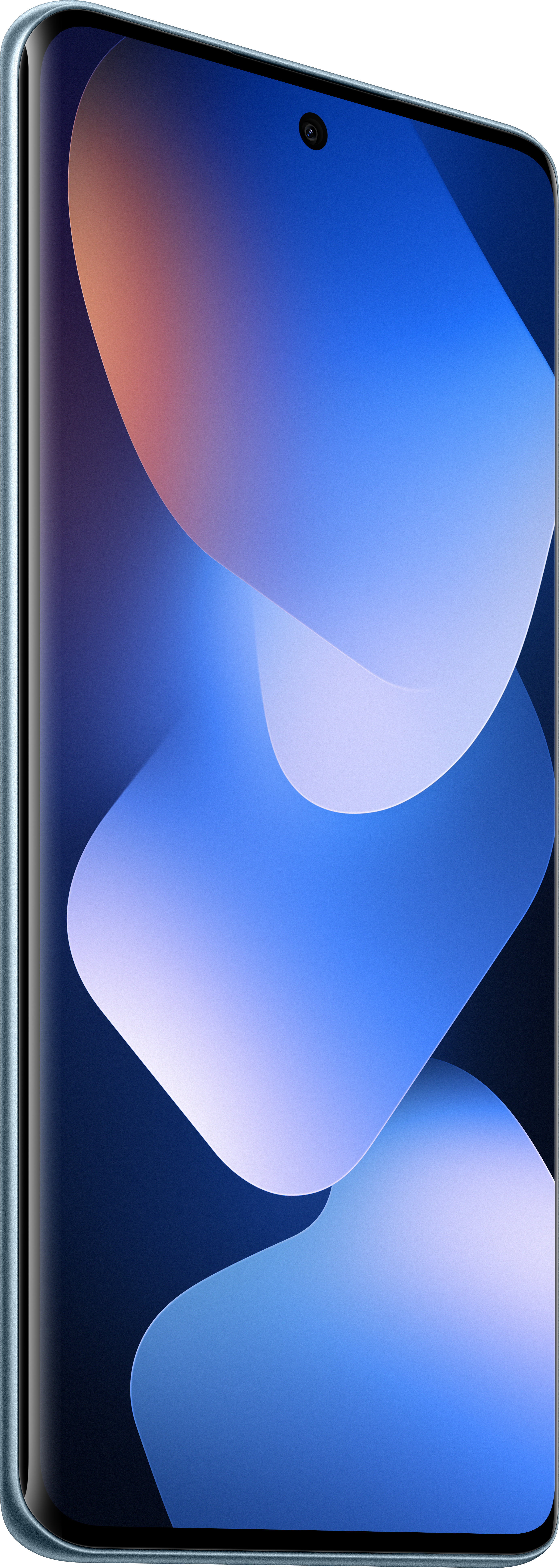 Ein Smartphone-Bildschirm zeigt abstrakte blaue und orangefarbene Formen. Oben befindet sich eine Frontkamera.