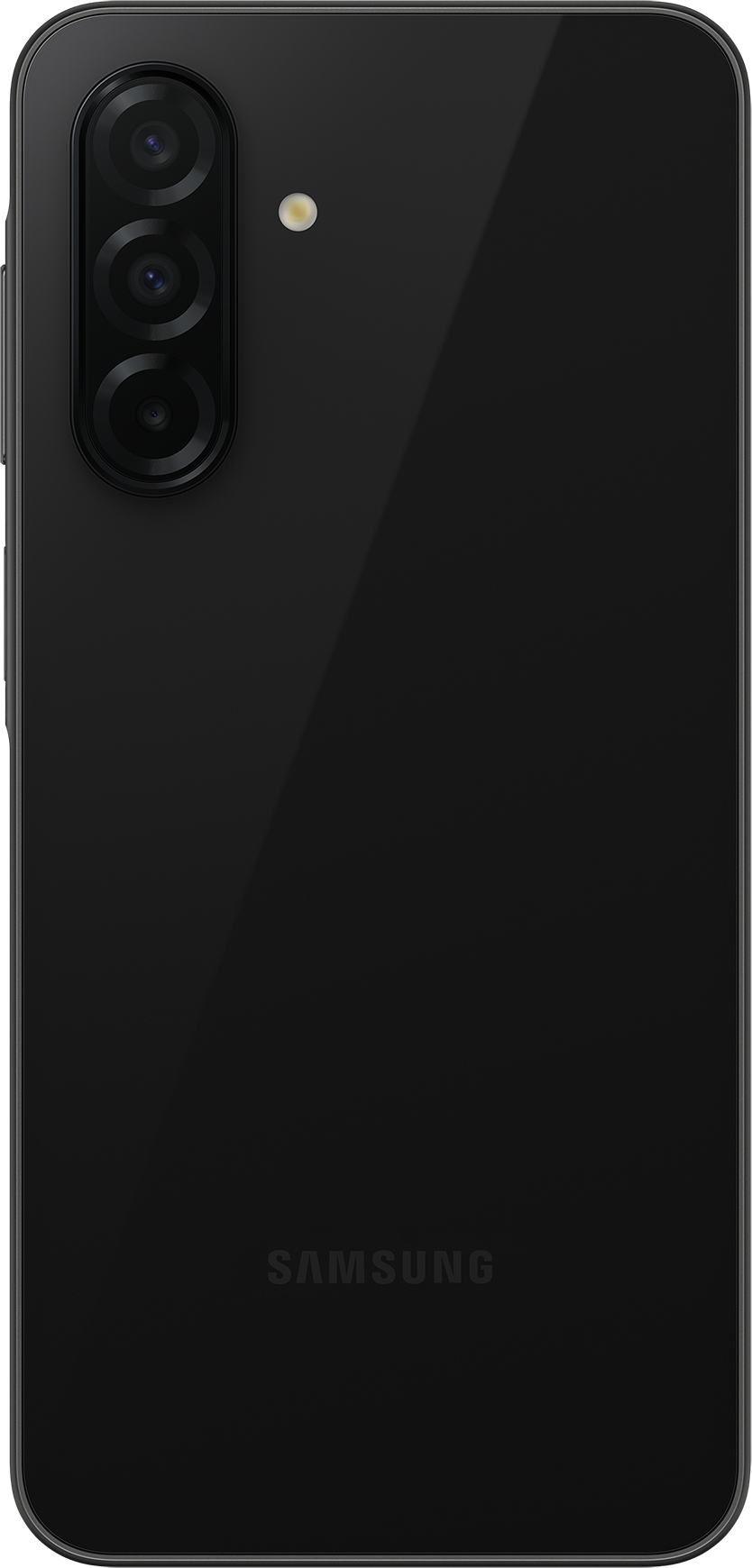 Schwarze Rückseite eines Samsung-Telefons mit drei vertikal gestapelten Kameras und Blitz. Das Samsung-Logo unten.