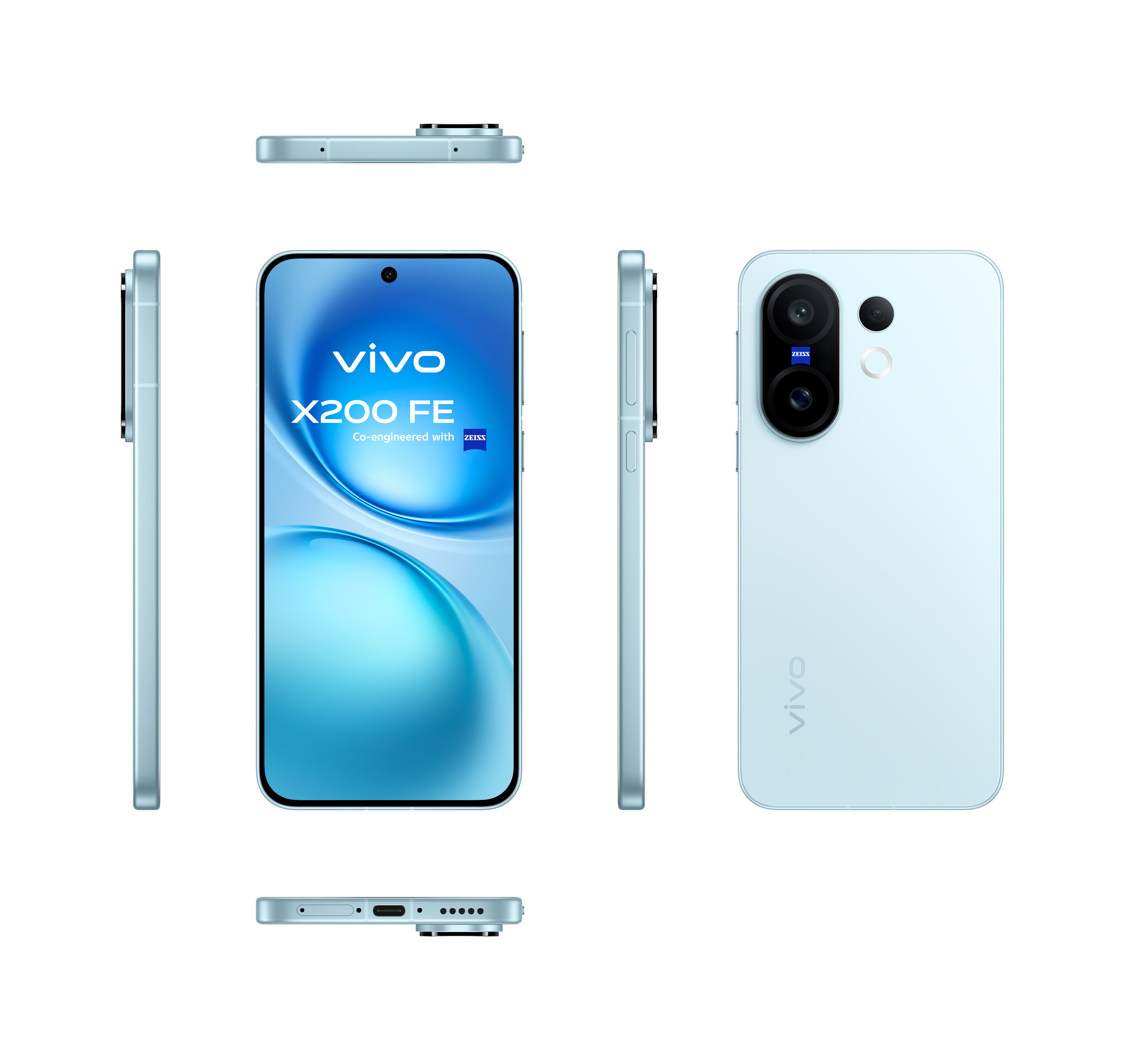 Ein hellblaues Vivo X200 FE-Telefon wird aus mehreren Blickwinkeln gezeigt. Die Vorderseite zeigt den Bildschirm, die Rückseite die Kamera.