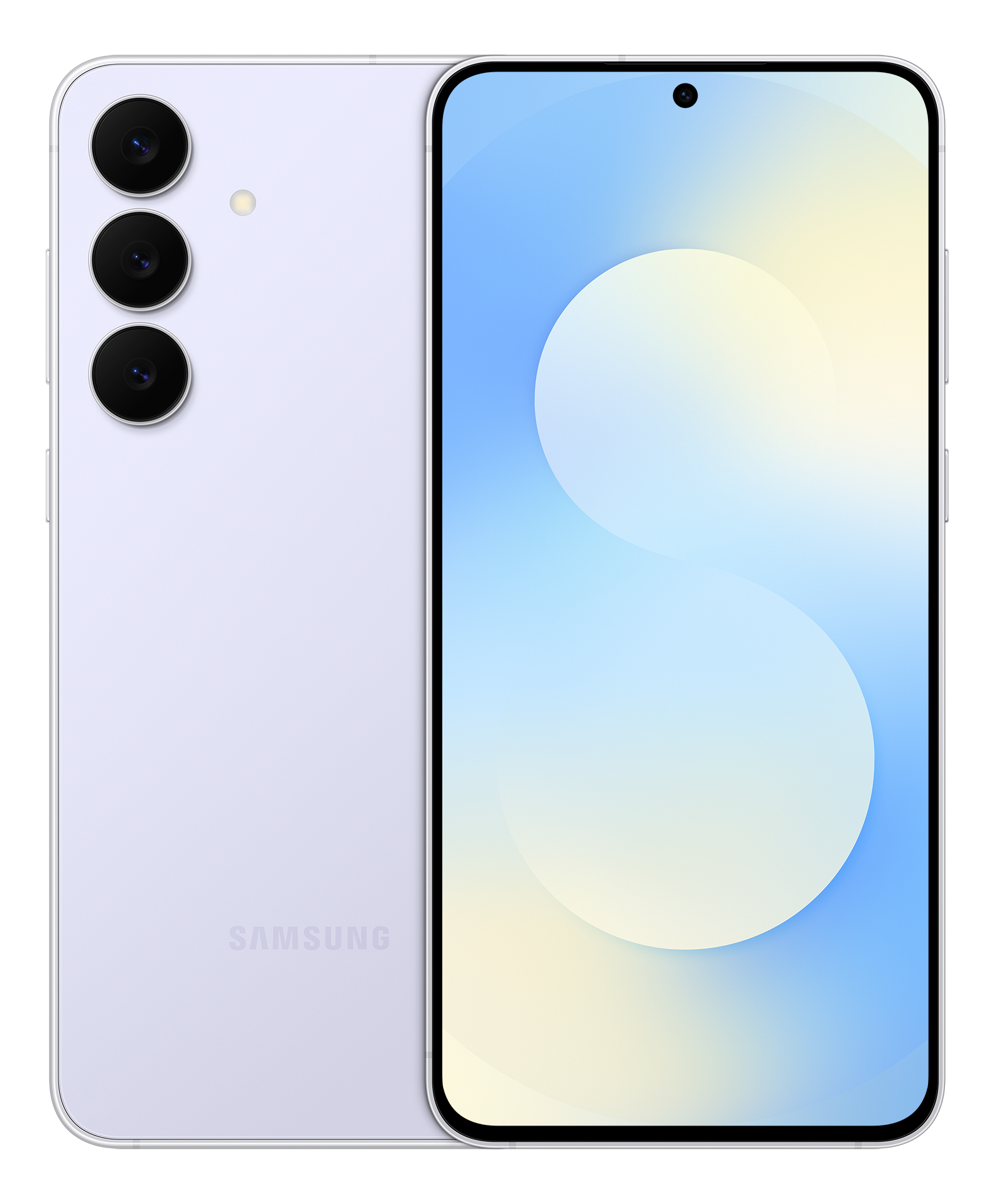Ein hellviolettes Samsung-Telefon. Es hat drei Kameras auf der Rückseite und einen Bildschirm mit blauem und gelbem Design.