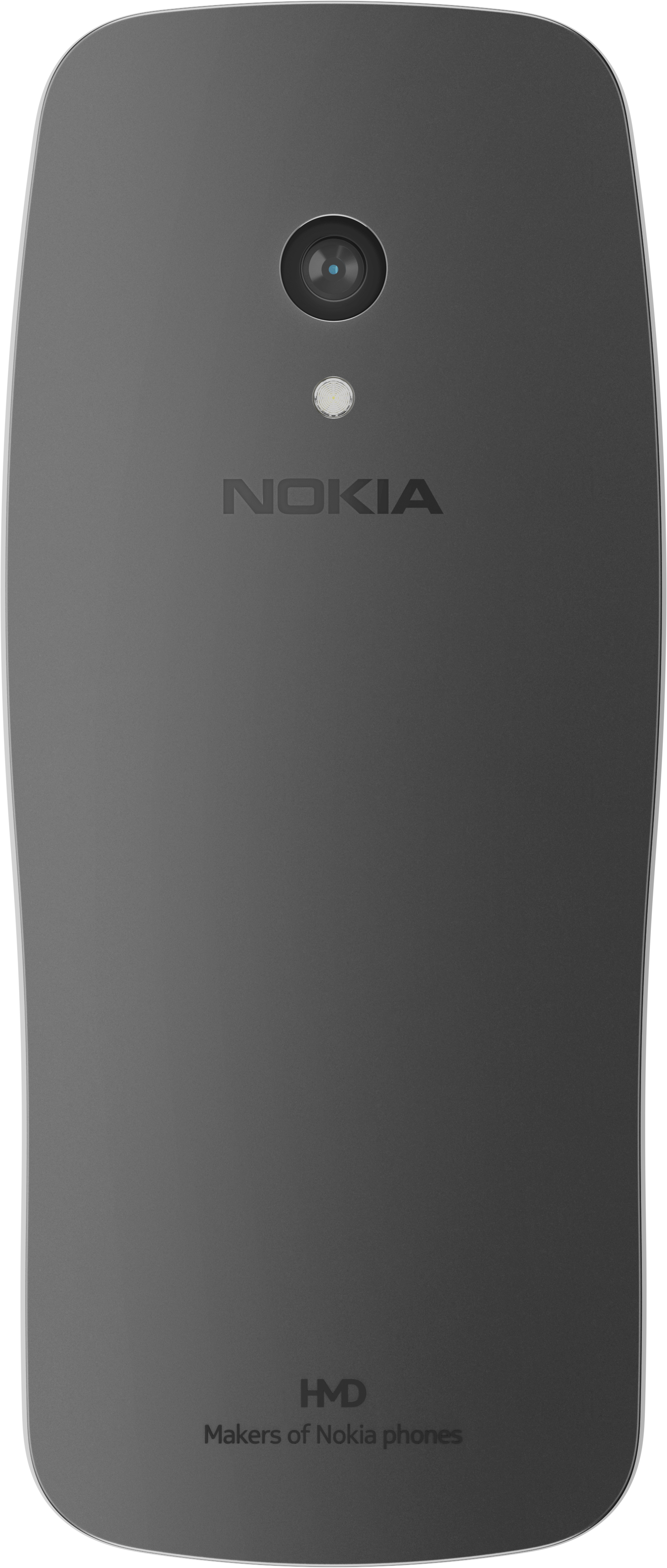 Graue Nokia-Telefonrückseite mit Kamera, Blitz und Markenname. Unten steht: HMD, Hersteller von Nokia-Telefonen.