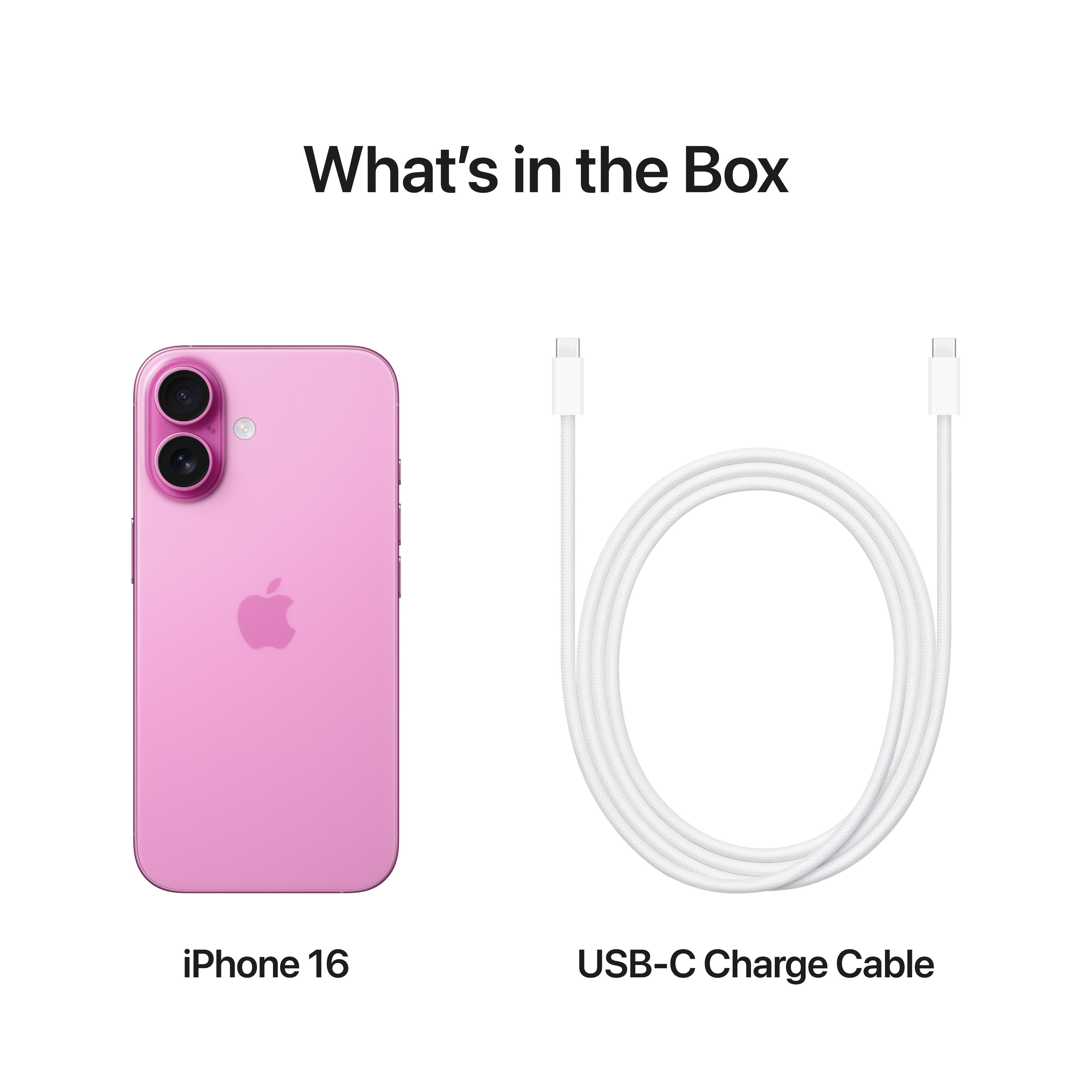 Rosa iPhone 16 und weißes USB-C-Ladekabel. Text: Inhalt der Box.
