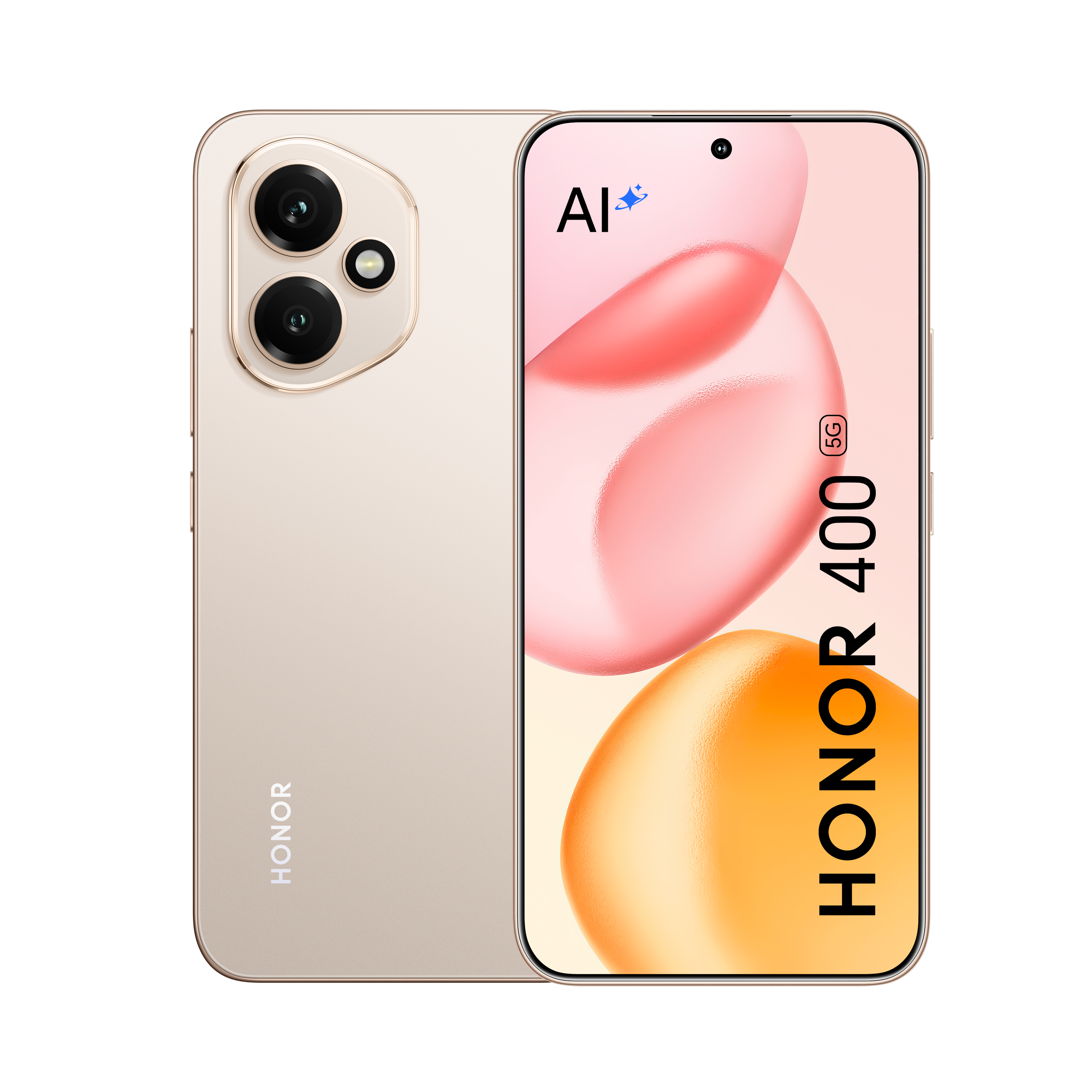 Goldenes HONOR 400 5G Smartphone, Vorder- und Rückansicht. Der Bildschirm zeigt rosa und orange Formen.