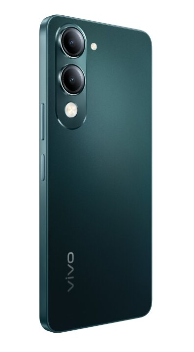 Dunkelgrünes Smartphone mit Dreifachkamera auf der Rückseite, vivo-Logo unten.