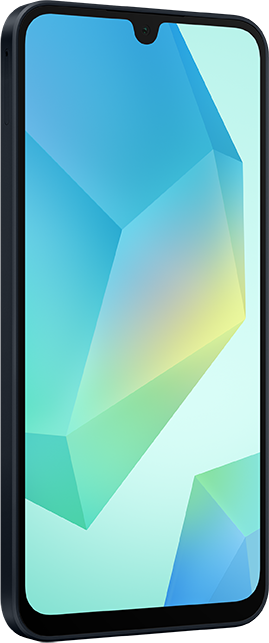 Smartphone mit blauem geometrischem Design auf dem Bildschirm und schwarzem Rahmen.
