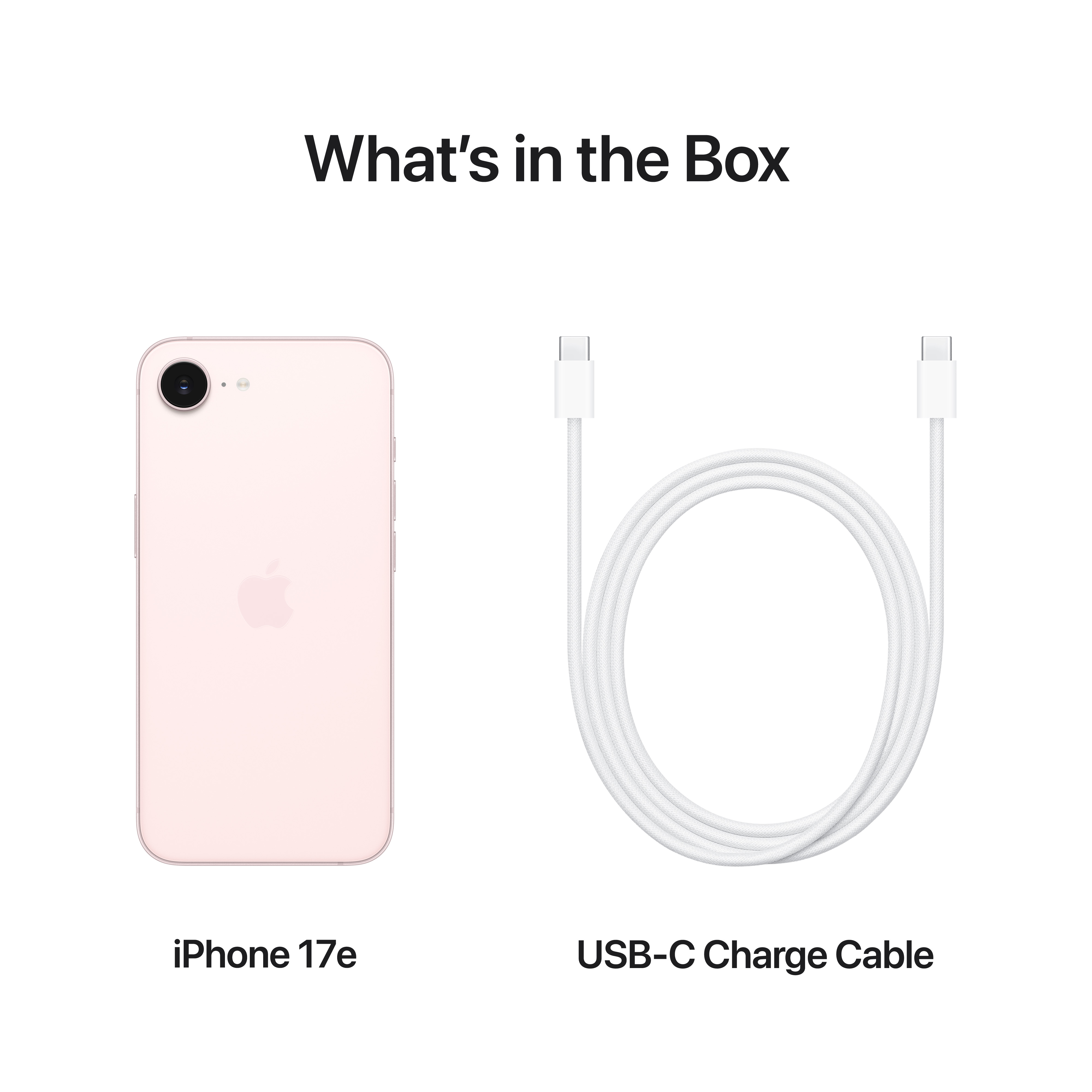 Ein rosafarbenes iPhone 17e und ein weißes USB-C-Ladekabel.
