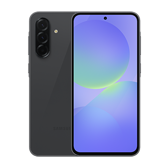 Ein dunkelgraues Smartphone, das Vorder- und Rückansicht zeigt. Die Rückseite hat Kameralinsen.