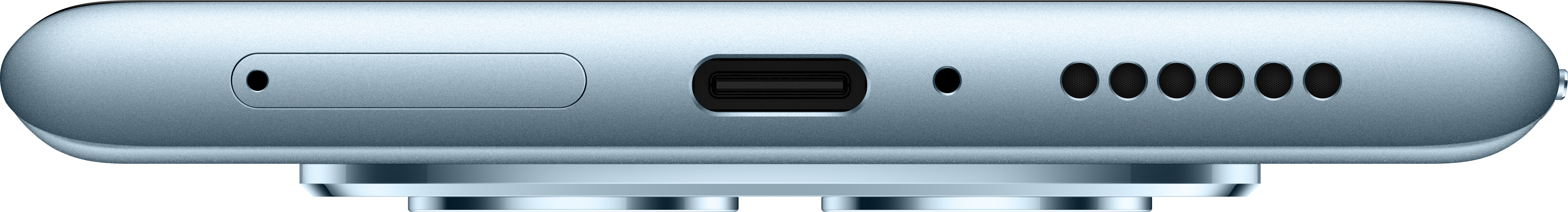 Nahaufnahme der Unterkante eines hellblauen Telefons. Merkmale sind ein SIM-Kartensteckplatz, ein USB-C-Anschluss und Löcher.