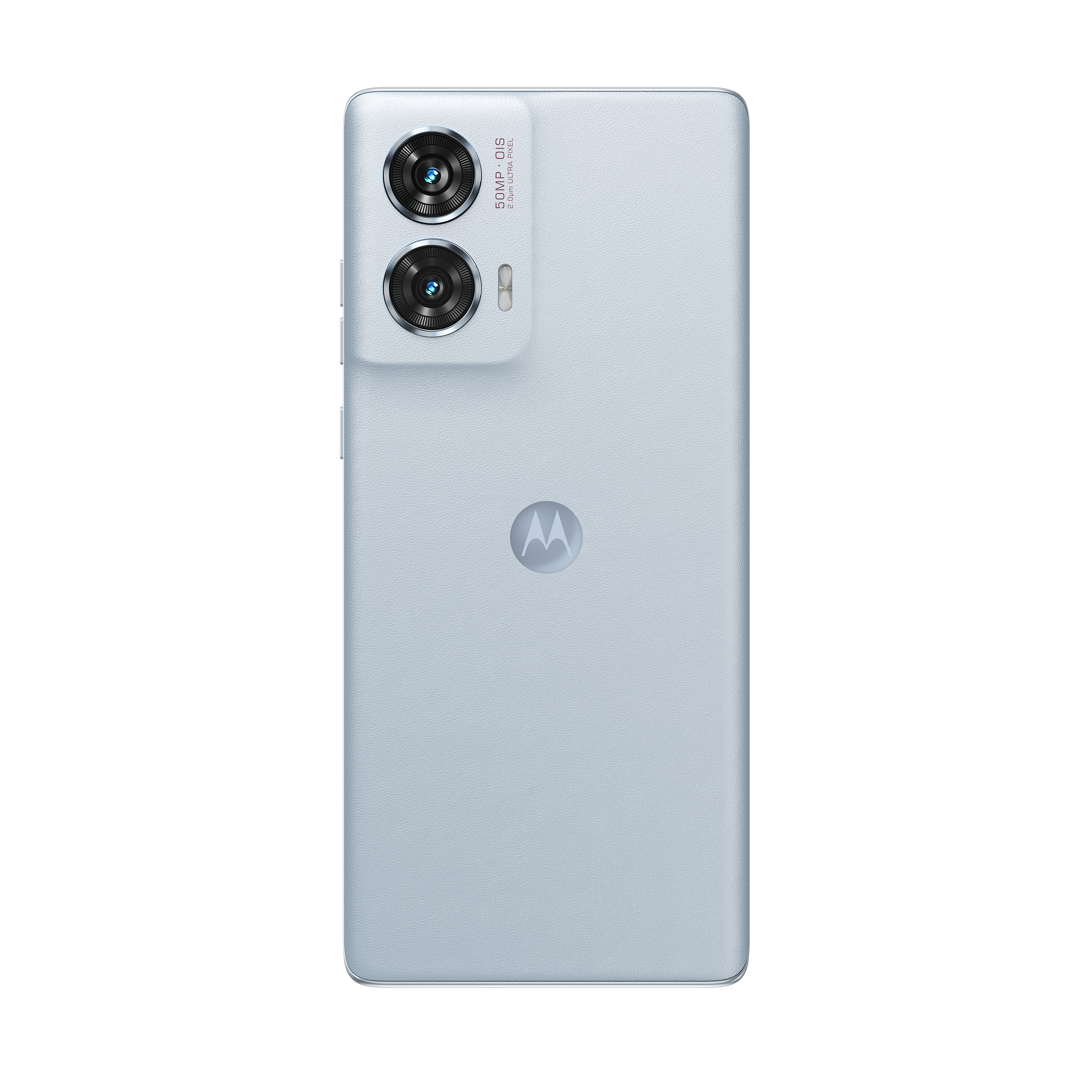 Ein hellblaues Smartphone mit zwei Rückkameras und dem Motorola-Logo. Die Rückseite des Telefons ist sichtbar.