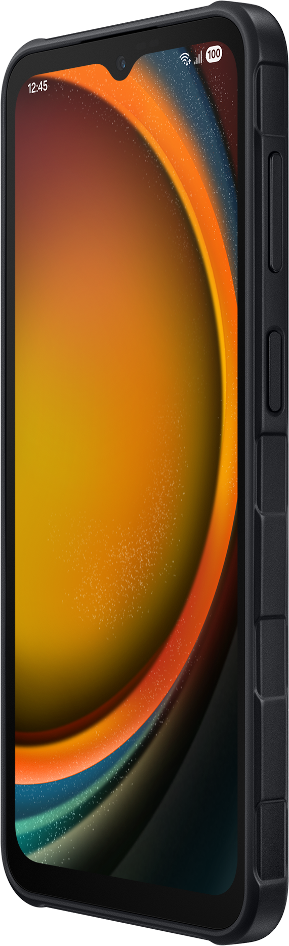 Ein schwarzes Smartphone, von der Seite betrachtet. Es hat ein orange-gelbes Farbverlaufsdesign.