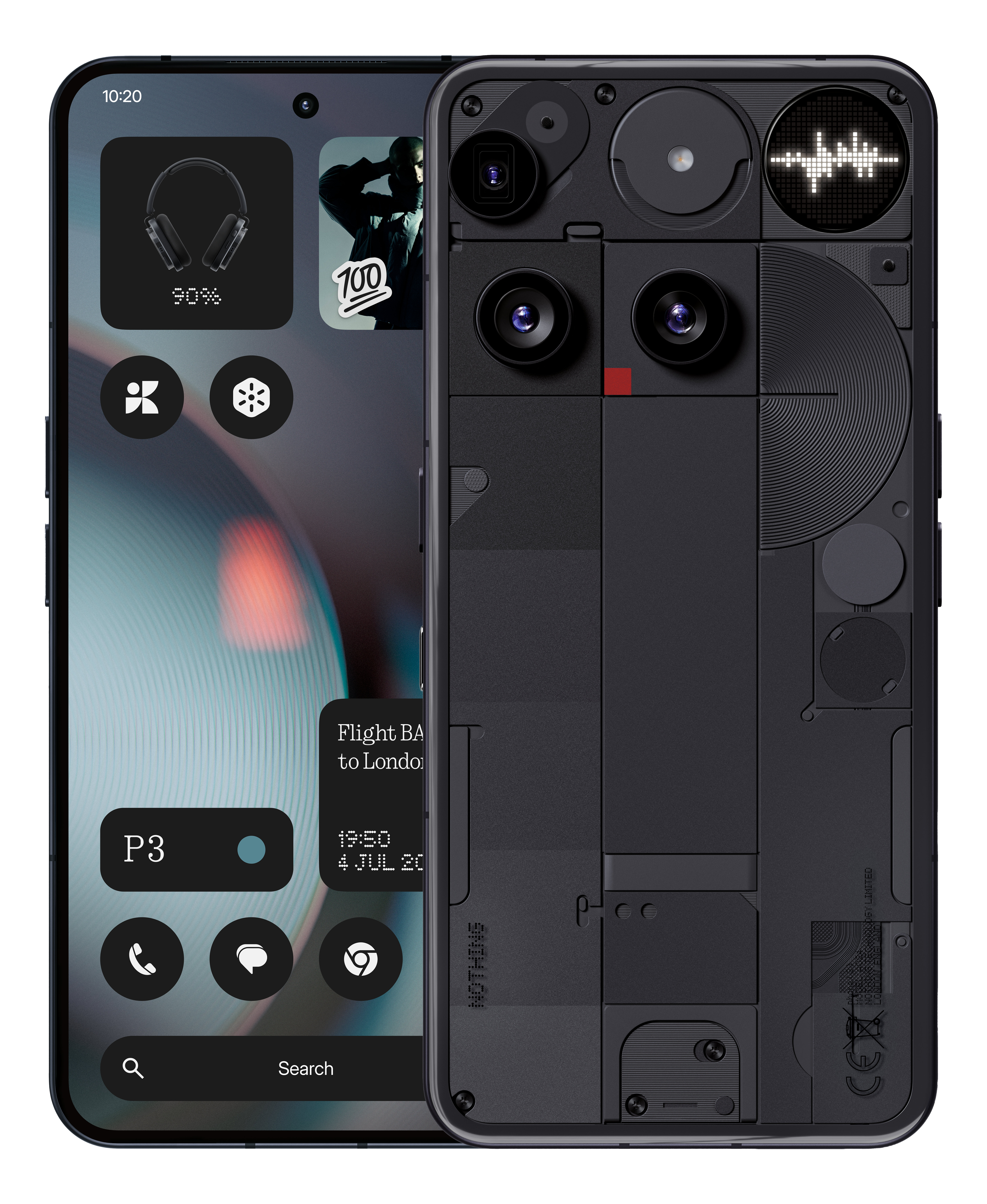 Schwarzes Smartphone, das Bildschirm und Rückseite zeigt. Der Bildschirm zeigt Apps, die Rückseite Kameras.