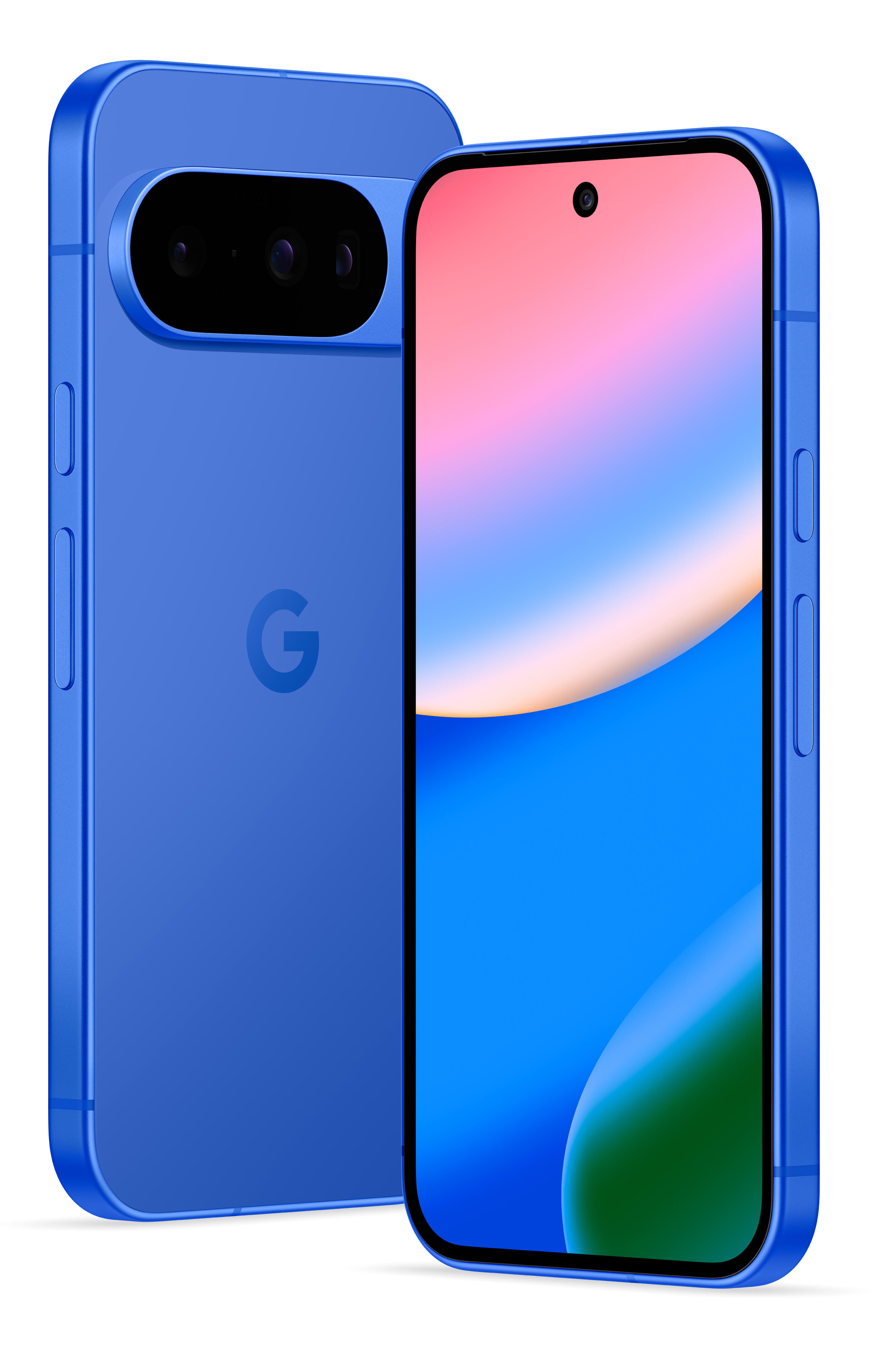 Blaues Smartphone, Rückansicht mit Kamera, Vorderansicht mit Farbverlauf, schwarzer Hintergrund.