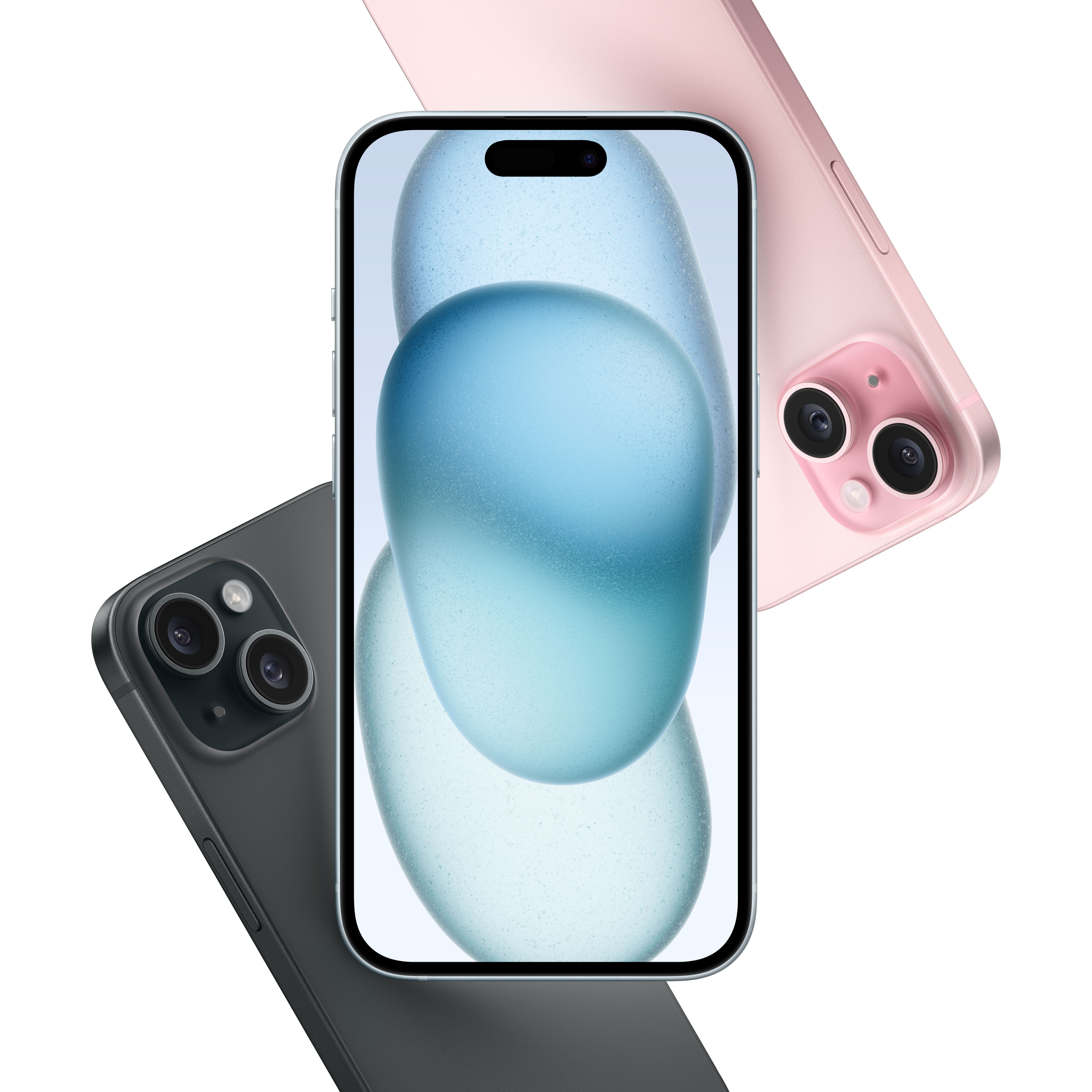 Drei iPhones werden gezeigt, zwei rosa und eines dunkelgrau, mit einem blau thematisierten Hintergrundbild auf den Bildschirmen.