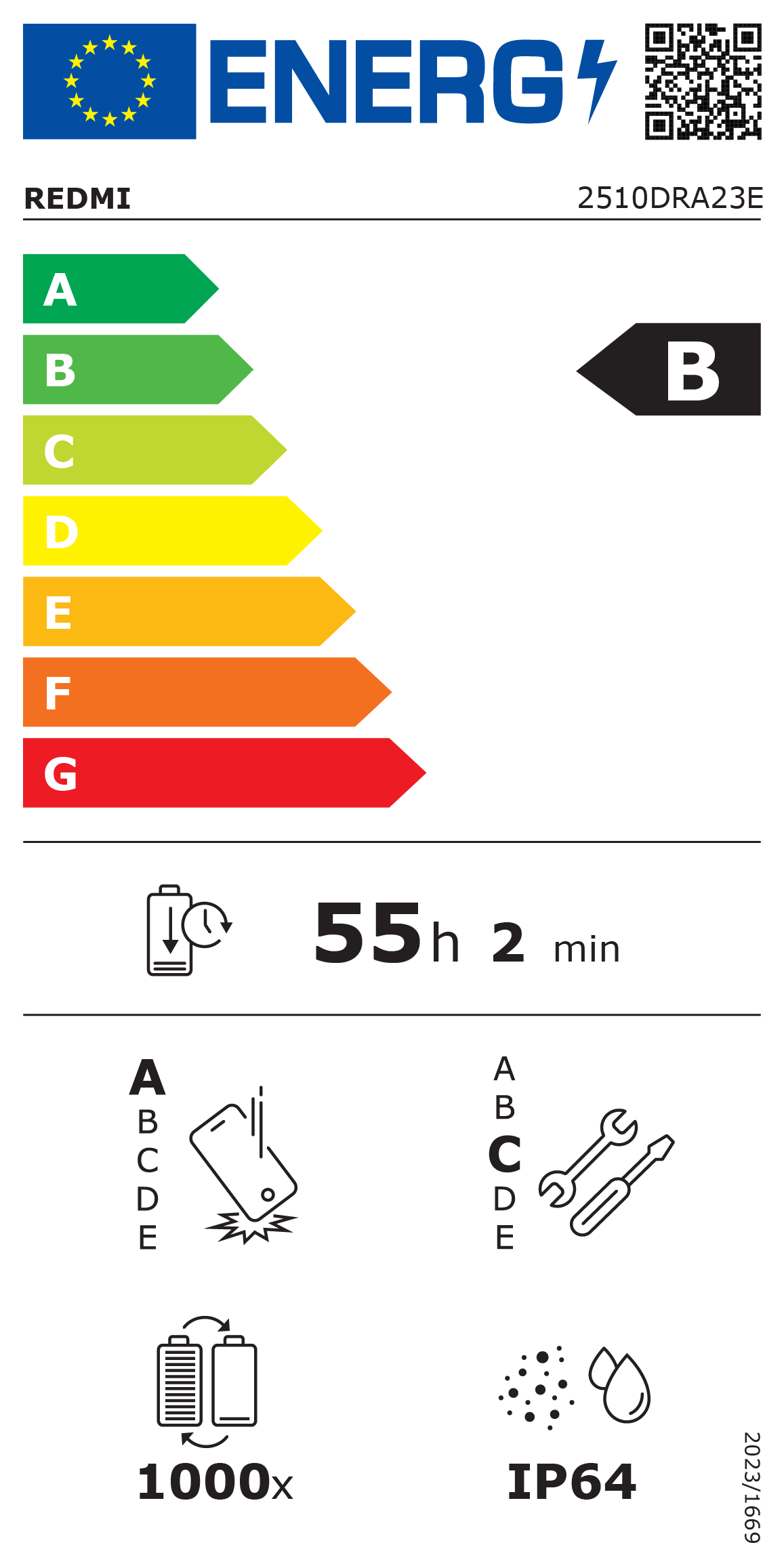 Energielabel mit Bewertungen A bis G, B hervorgehoben. Symbole für Akkulaufzeit, Haltbarkeit und Wasserdichtigkeit (IP64).