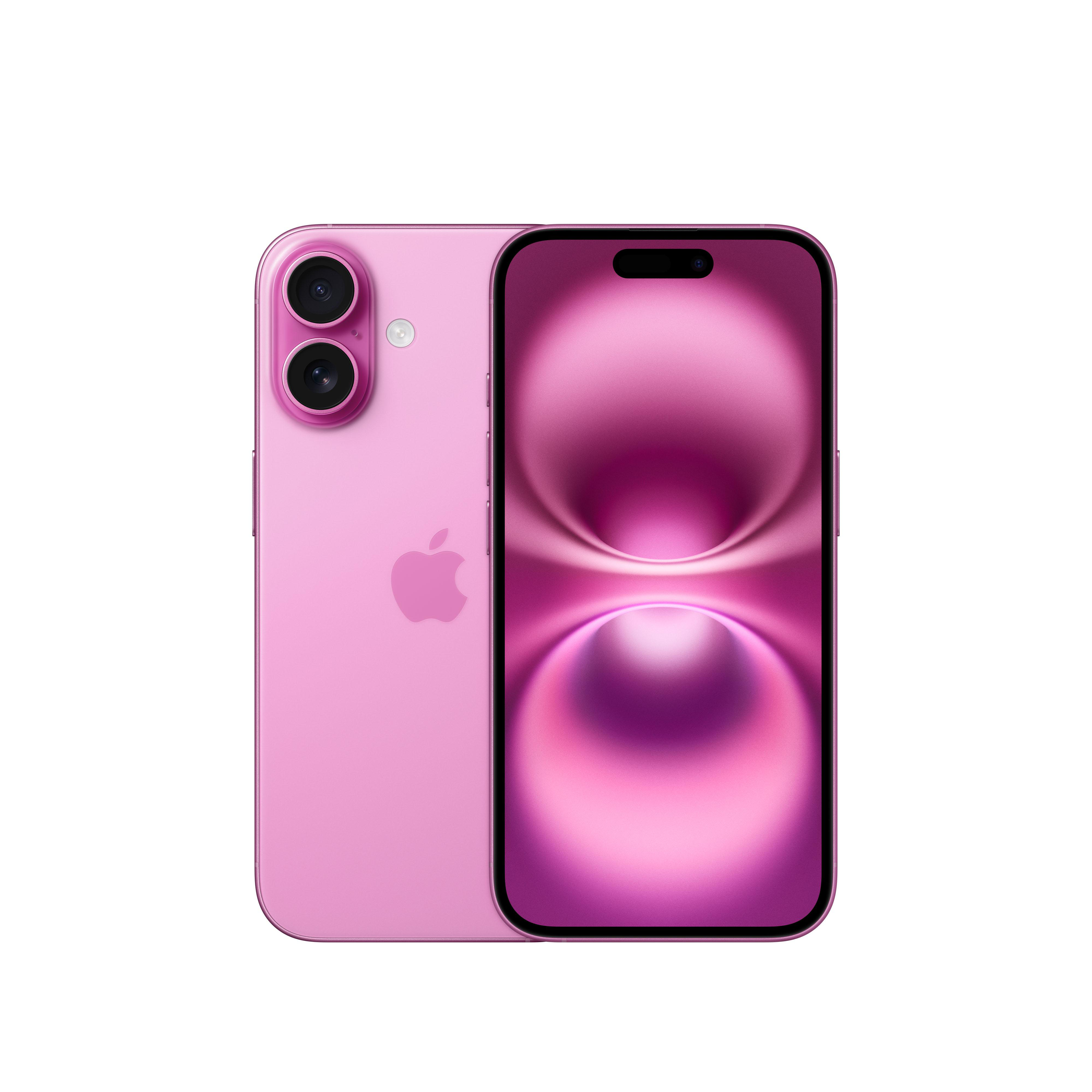 Rosa iPhone mit Dual-Kamera und rosa Display, das ein helles Design zeigt. Weißer Hintergrund.
