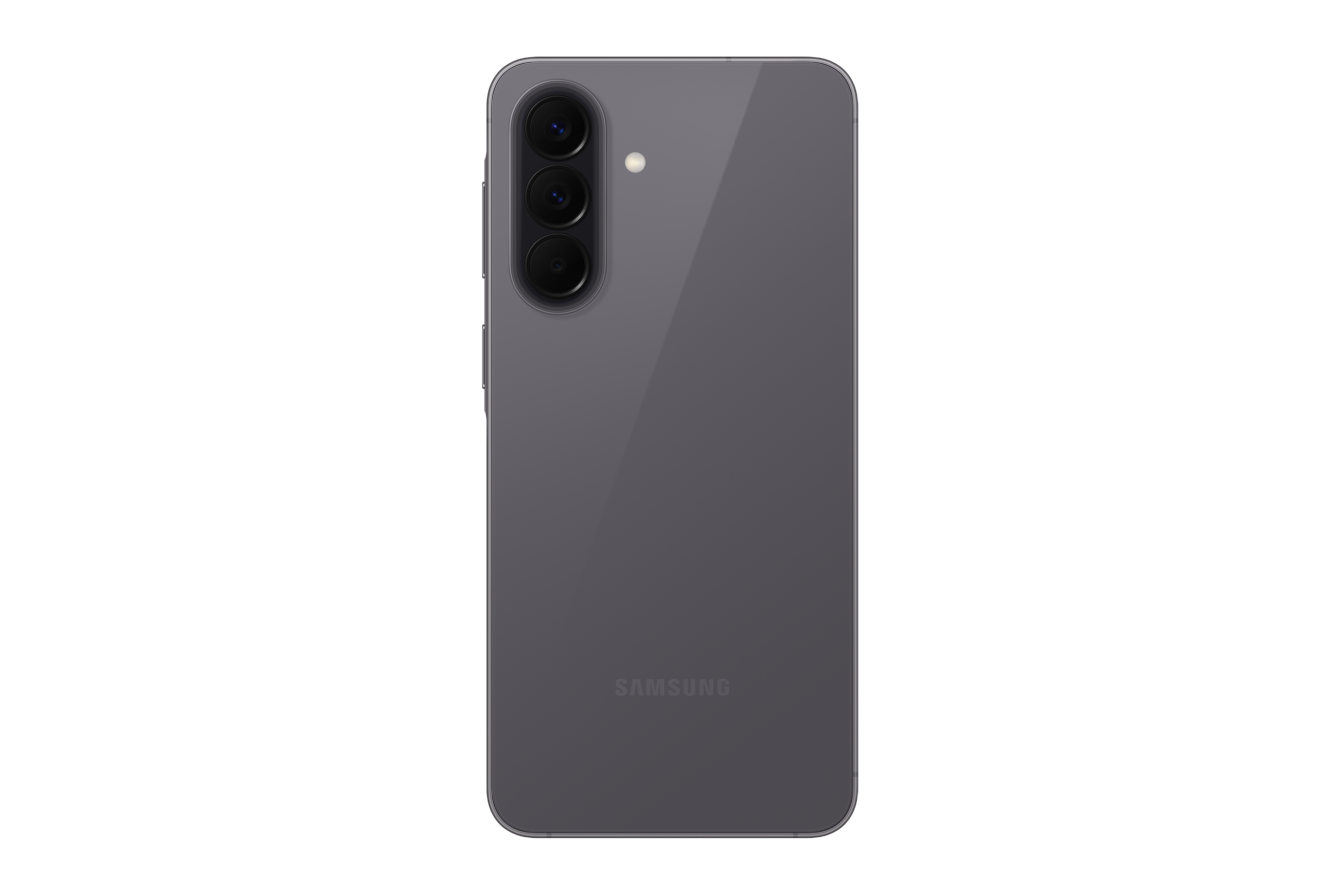Rückseite eines grauen Samsung Smartphones mit drei Kameras und Blitz.