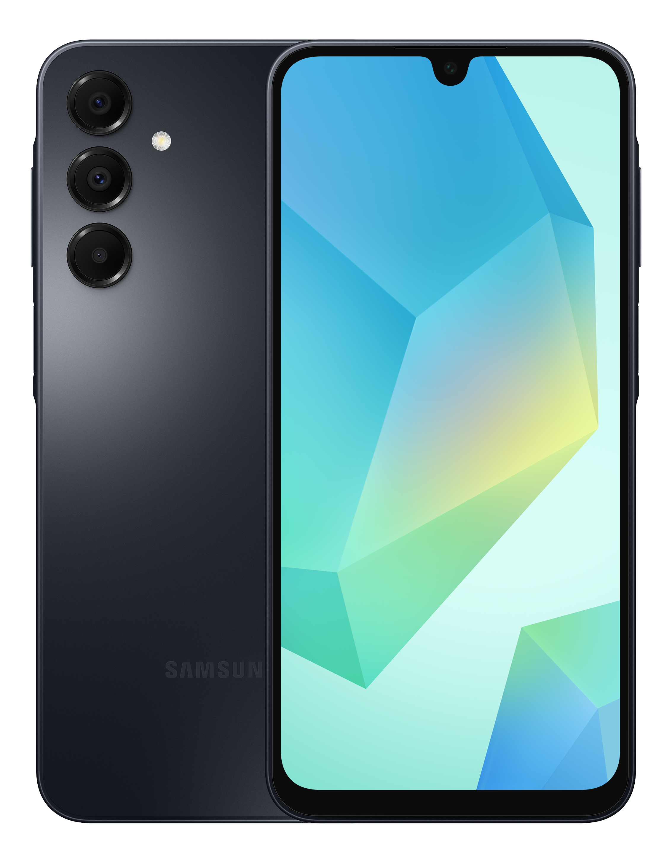 Schwarzes Samsung-Handy mit drei Kameras und einem Bildschirm mit geometrischem Design.