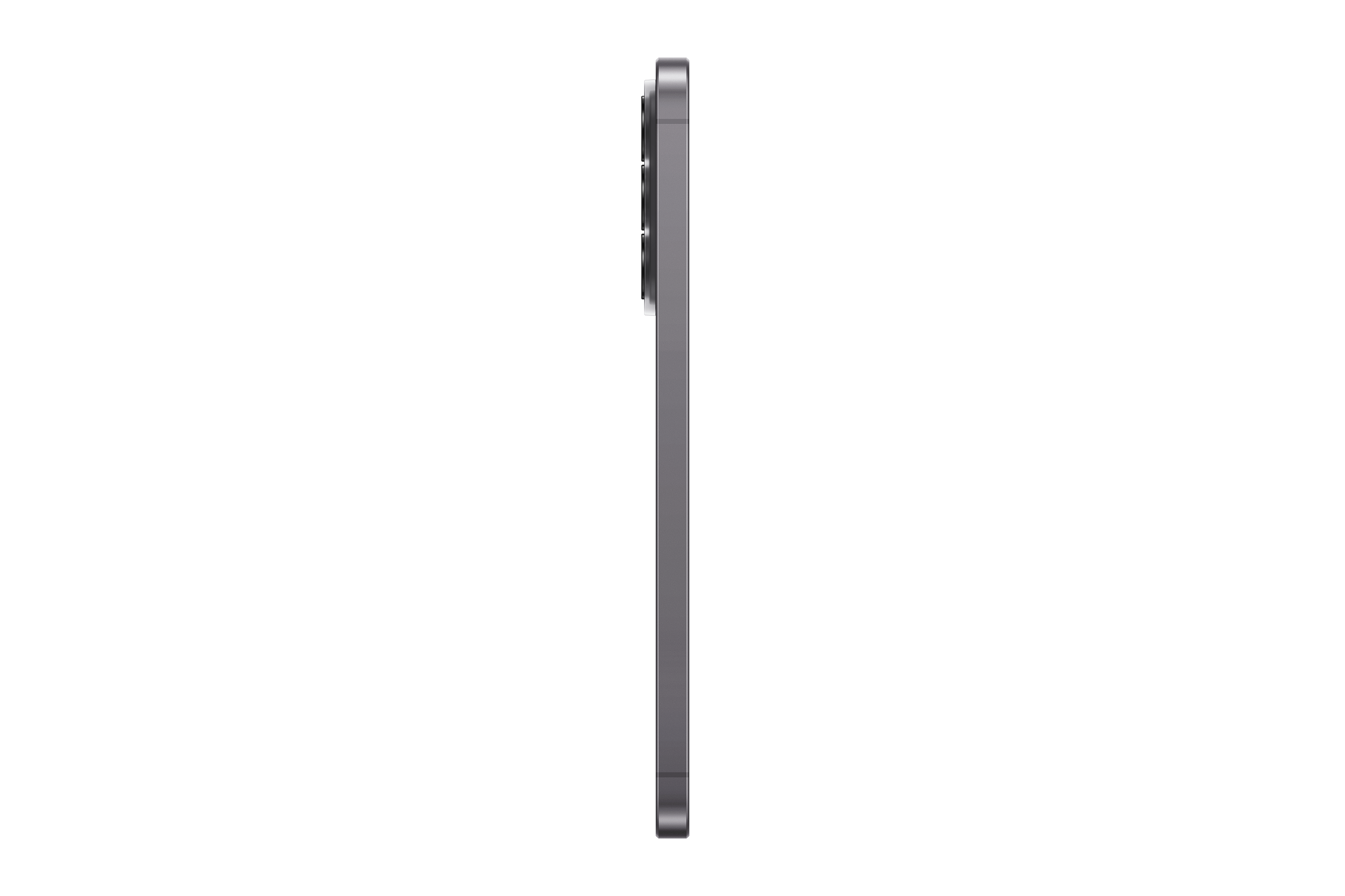 Graues Smartphone im Profil mit Kameramodul auf schwarzem Hintergrund.