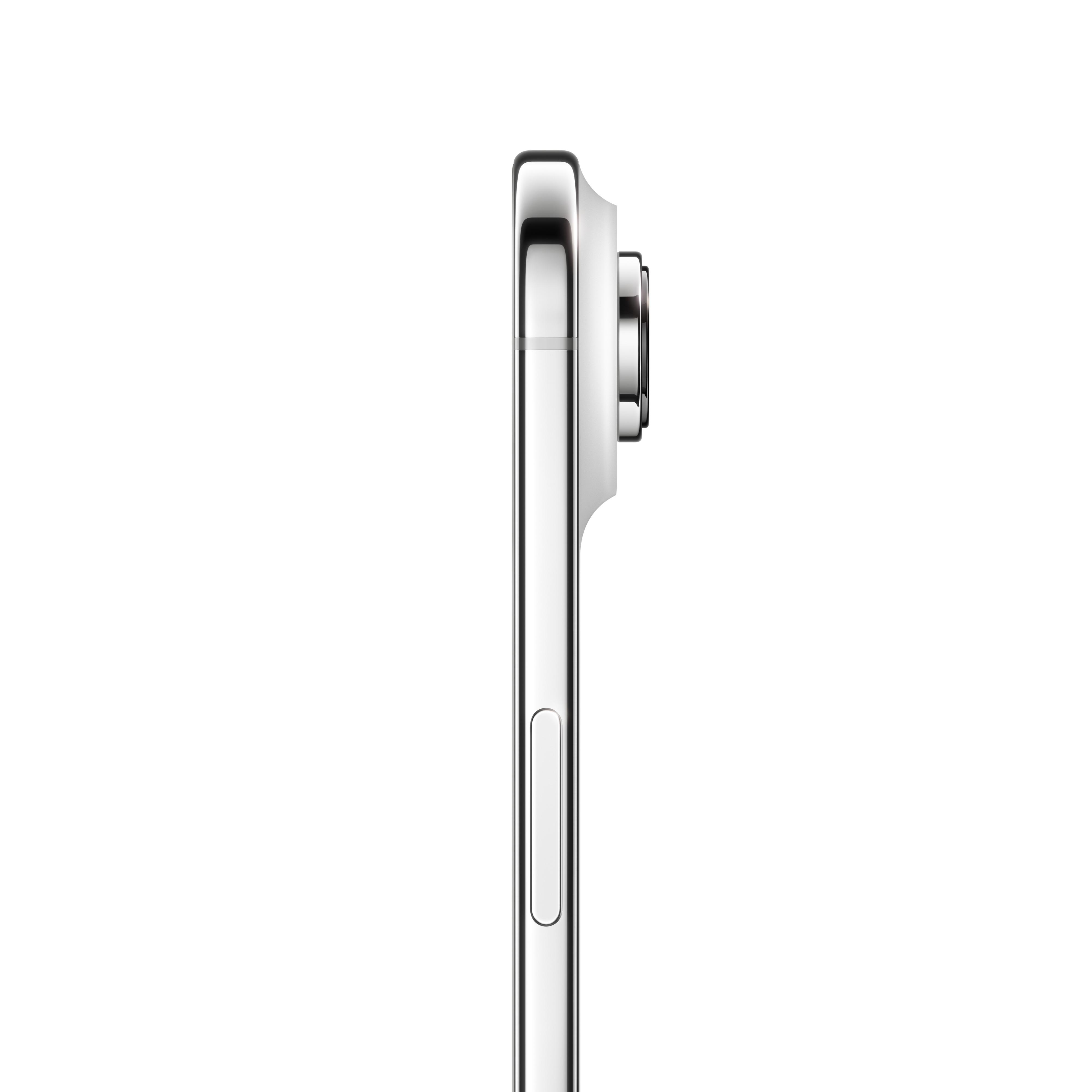 Nahaufnahme der Seite eines silbernen Smartphones. Kamerahöcker sichtbar. Der Hintergrund ist weiß.