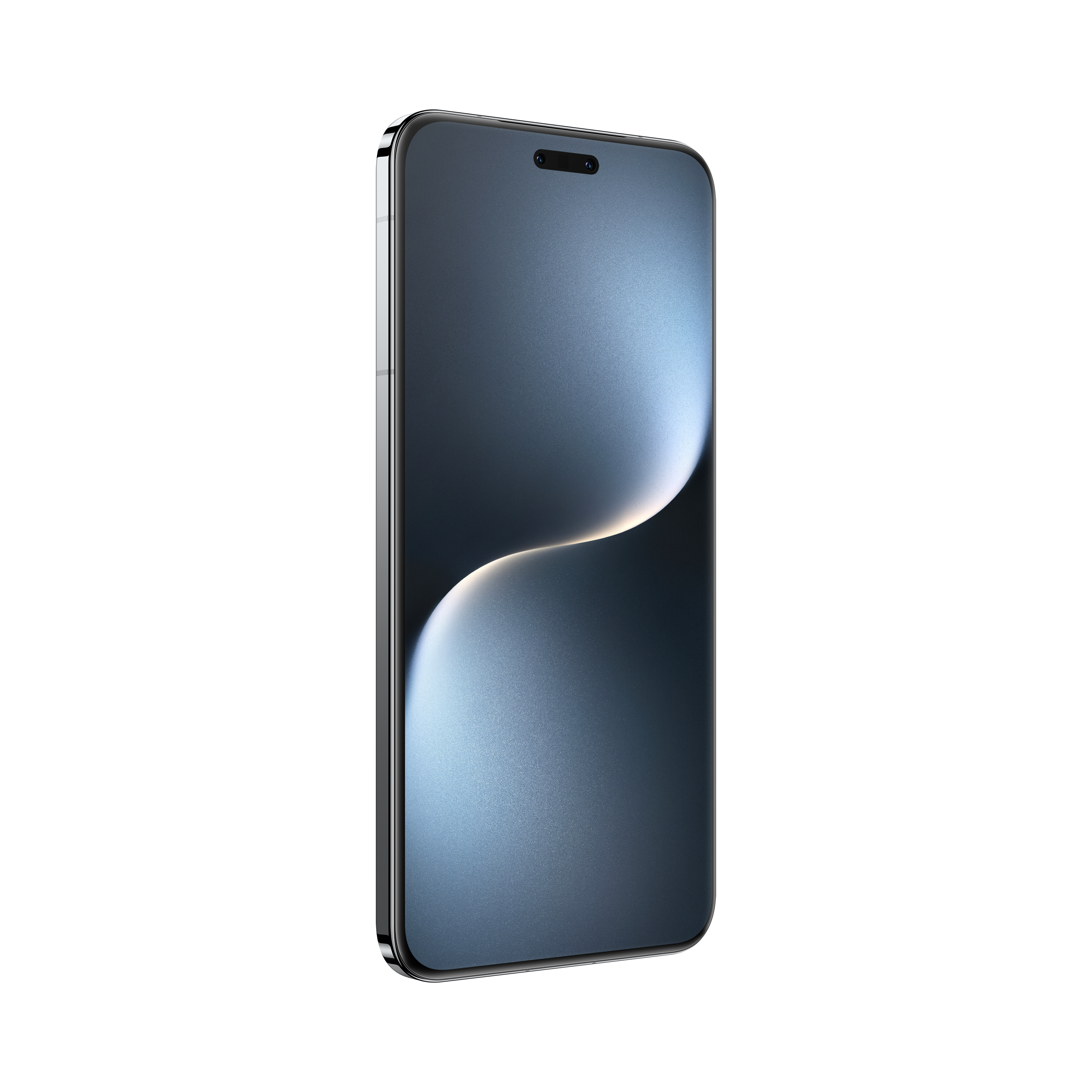 Ein elegantes Smartphone mit dunklem Bildschirm, silbernem Rahmen und Kamera, vor schwarzem Hintergrund.