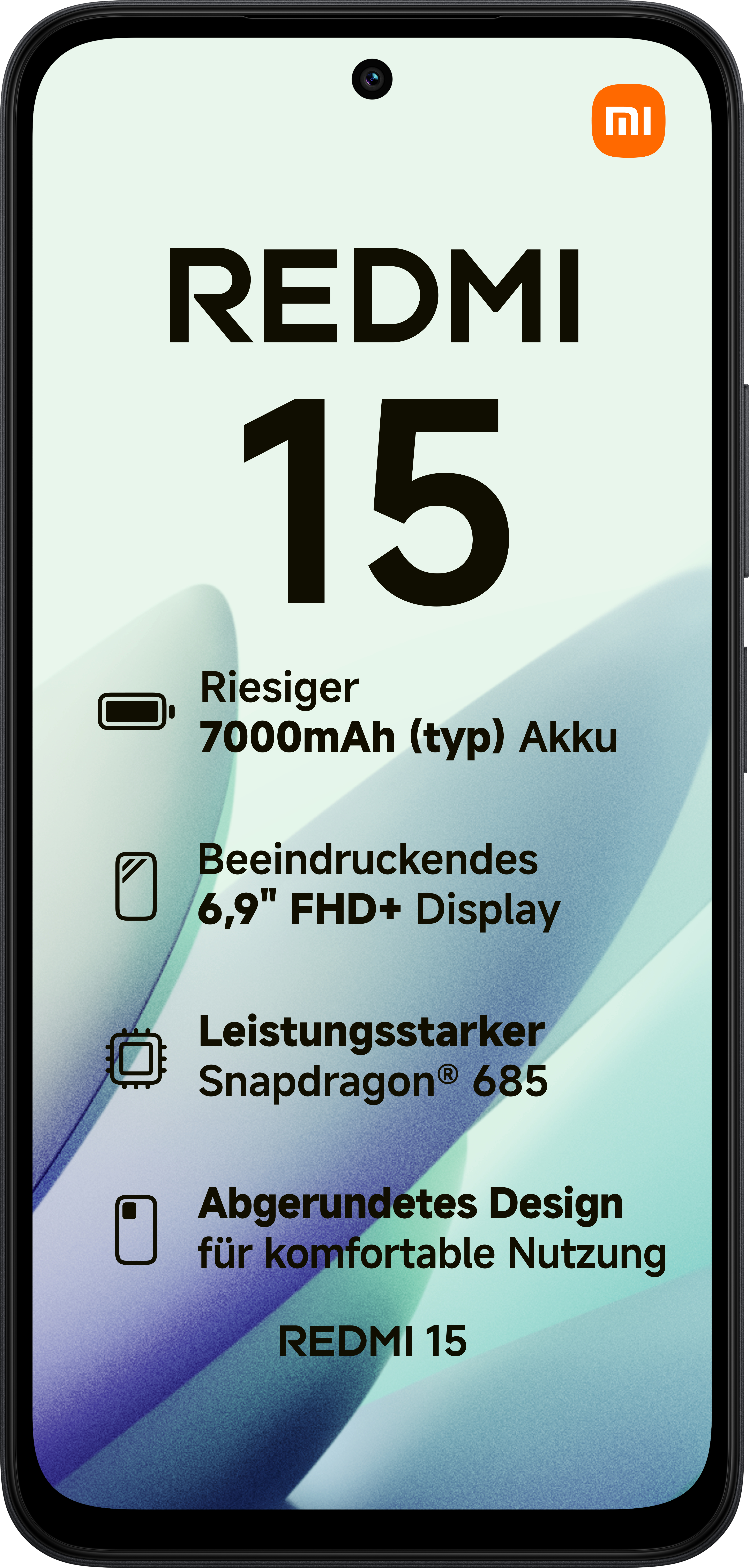 Ein Smartphone-Bildschirm zeigt 'REDMI 15'. Zu den Merkmalen gehören 7000mAh Akku, 6,9" Display, Snapdragon 685 und abgerundetes Design.
