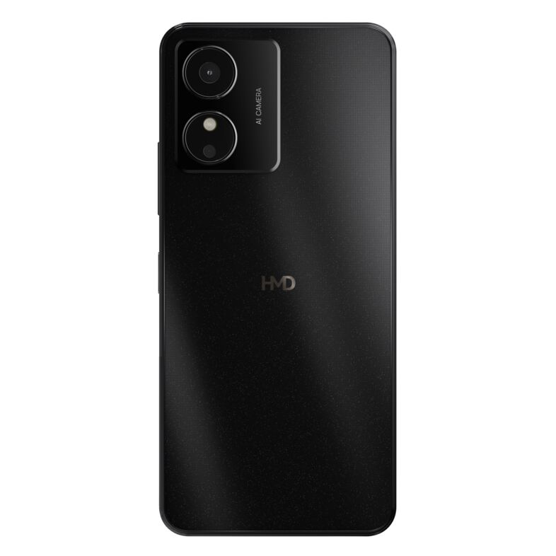 Ein schwarzes Smartphone mit Dual-Kameras und dem Text "AI CAMERA" auf der Rückseite.