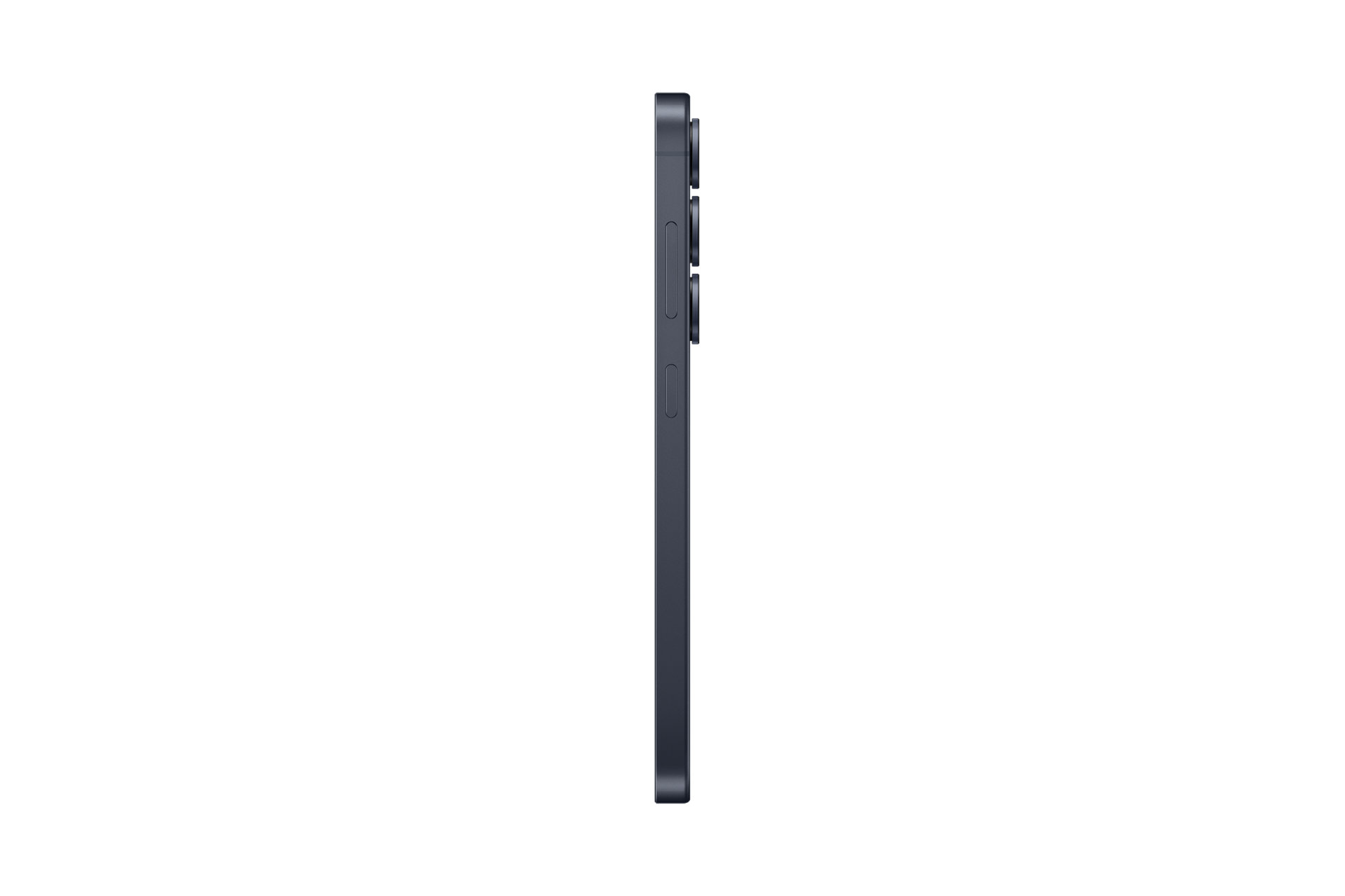 Dunkelgraues Smartphone im Profil auf schwarzem Hintergrund mit drei Kameras.