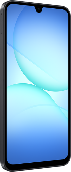 Ein Smartphone mit schwarzem Rahmen. Der Bildschirm zeigt blaue und hellblaue abstrakte Formen. Eine Frontkamera ist sichtbar.