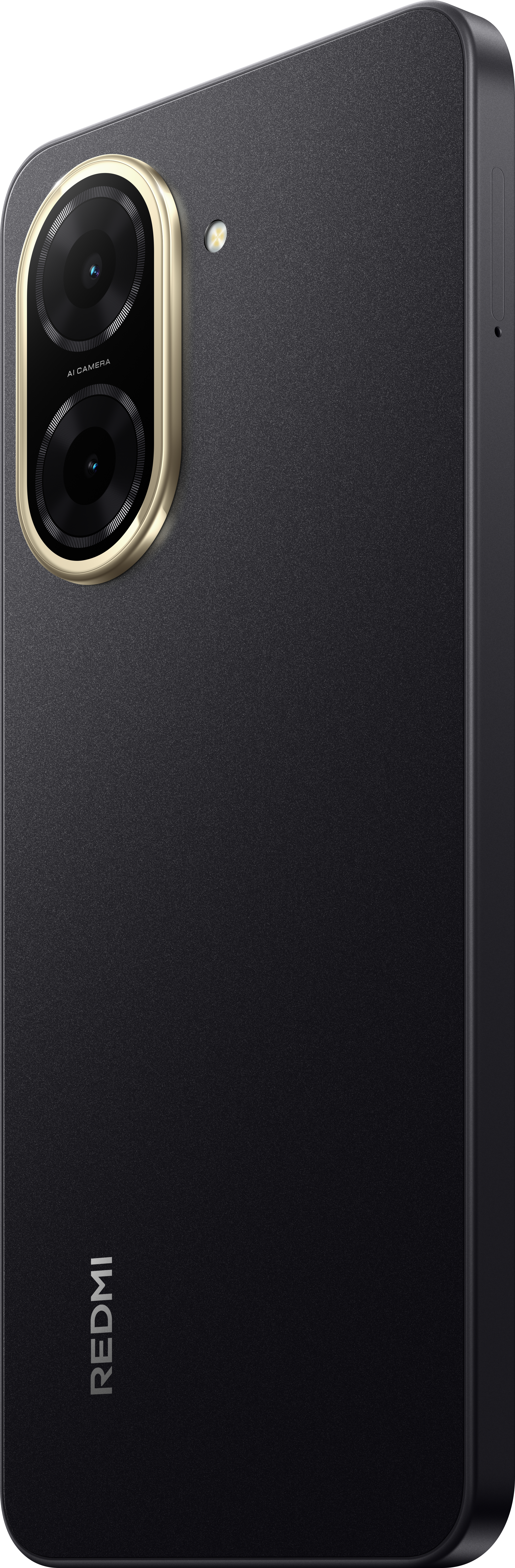Schwarzes Telefon auf der Seite, mit zwei Kameras und einem goldenen Rahmen.
