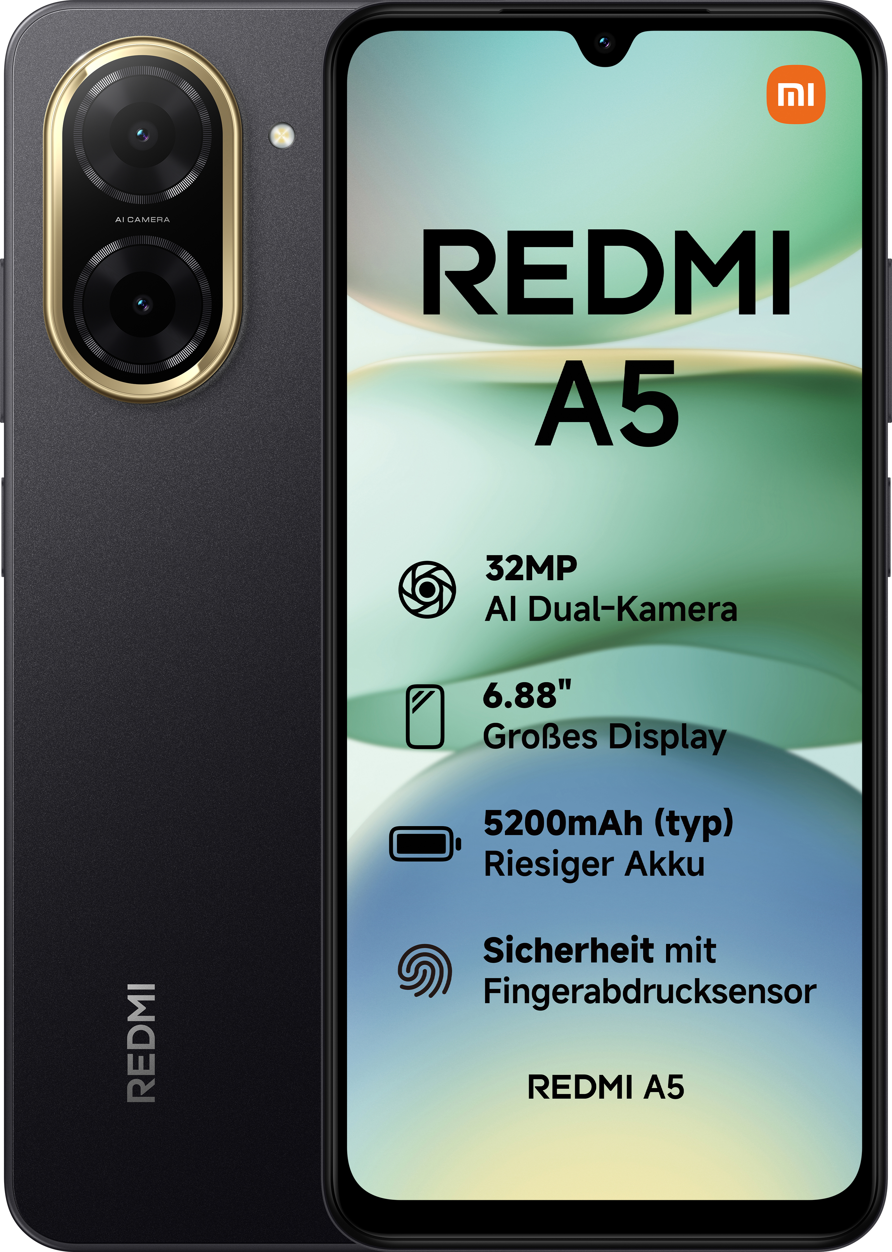 Redmi A5 Telefon, schwarz, mit goldenem Kameraring, und Rückansicht mit Funktionen.