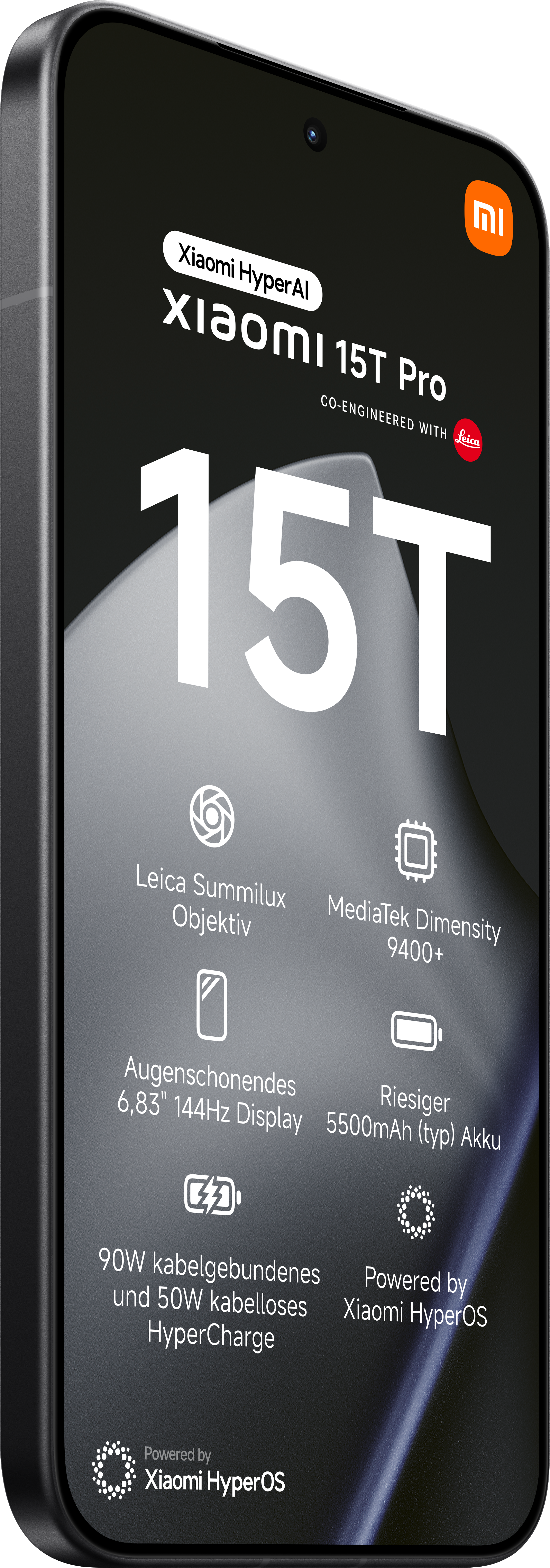 Ein schwarzes Smartphone zeigt das Xiaomi 15T Pro mit Leica-Branding. Zu den Funktionen gehören ein großer Bildschirm und Schnellladen.