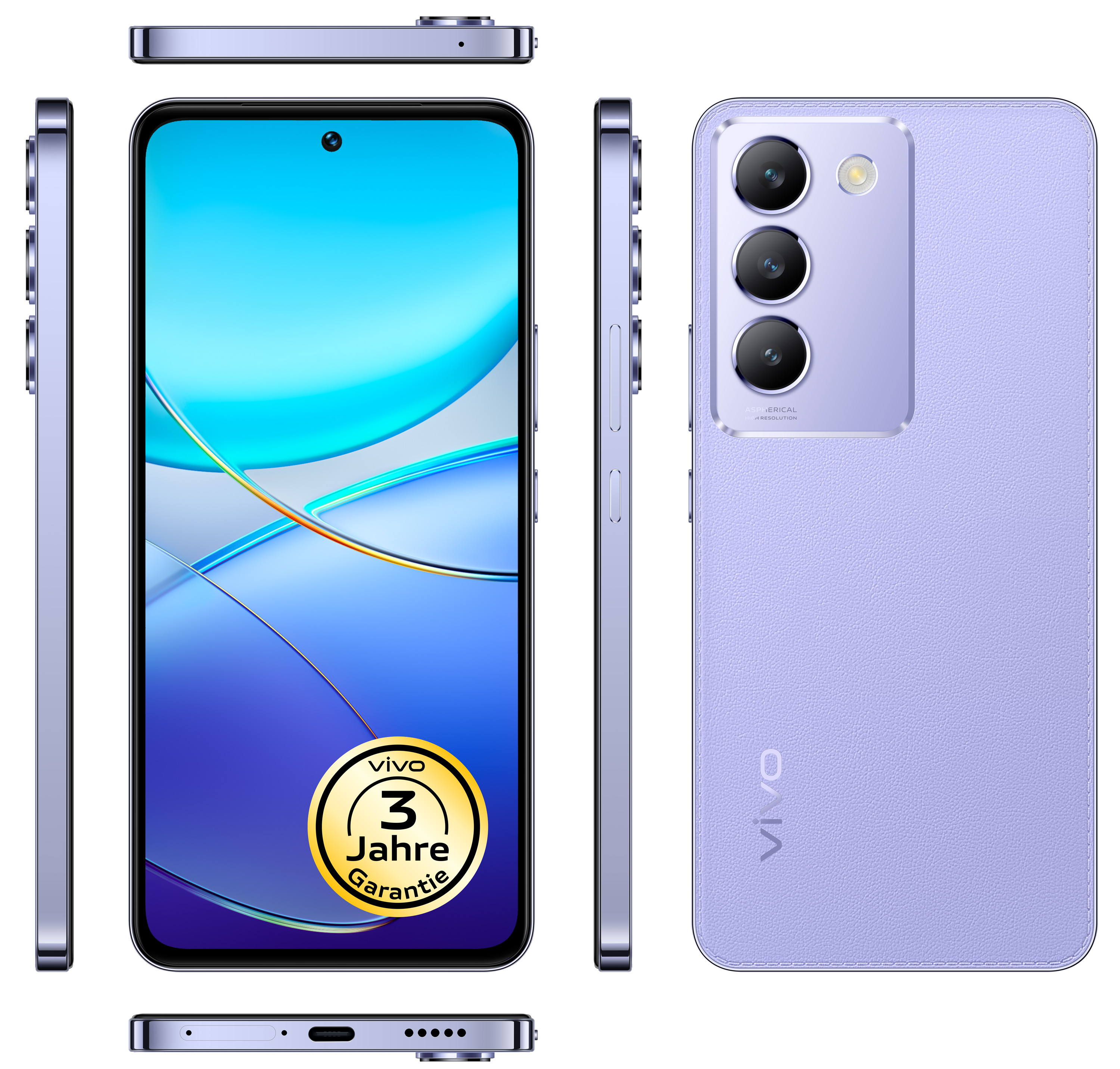 Lila Smartphone, mehrere Ansichten, mit Garantieaufkleber.