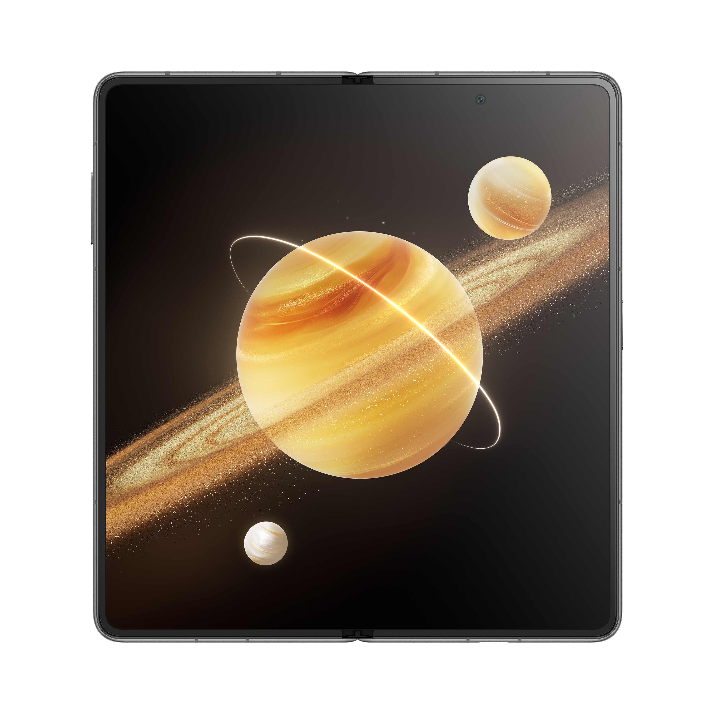 Ein gefaltetes Tablet mit Planeten auf dem Bildschirm, schwarzer Hintergrund mit weißem Ring.