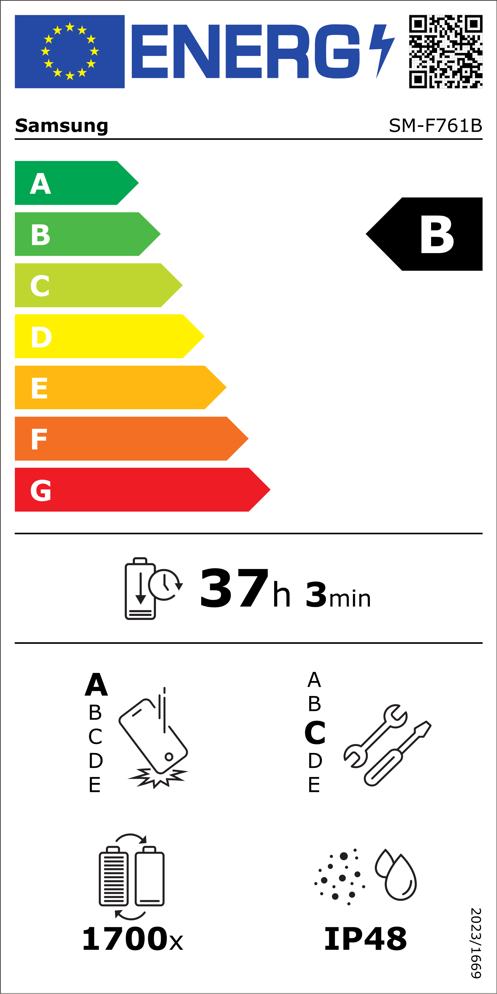 Energielabel für ein Samsung-Telefon. Enthält Energieeffizienzklassen, Akkulaufzeit und andere technische Details.