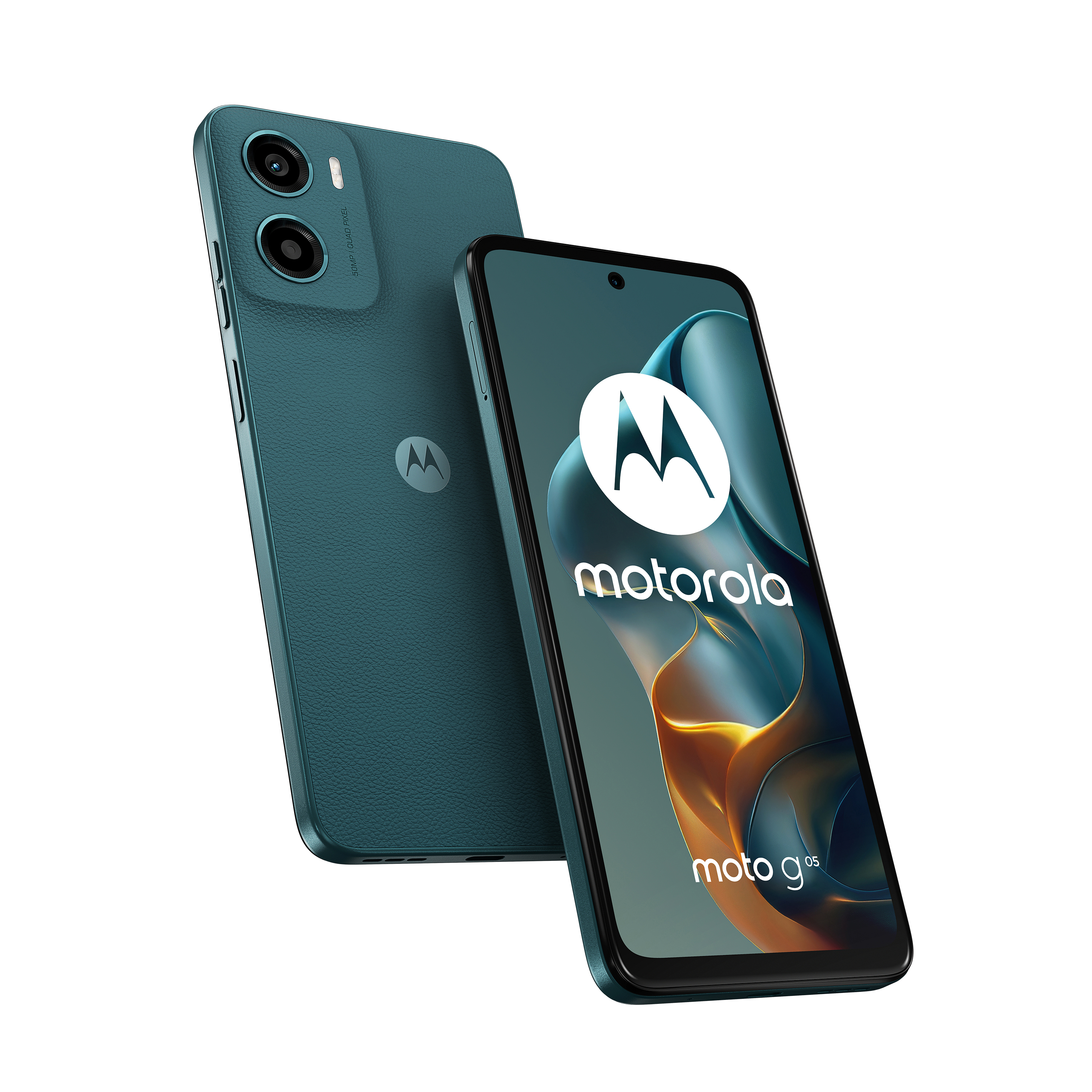 Zwei teal Motorola Moto G Telefone. Eins mit Bildschirm an.