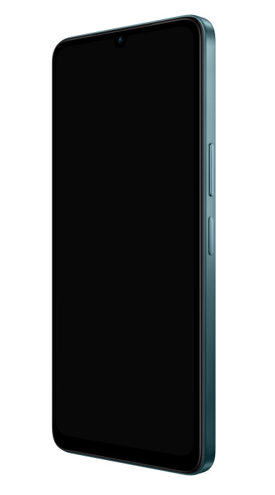 Blaues Smartphone. Seitenprofil mit Tasten und Frontkamera.