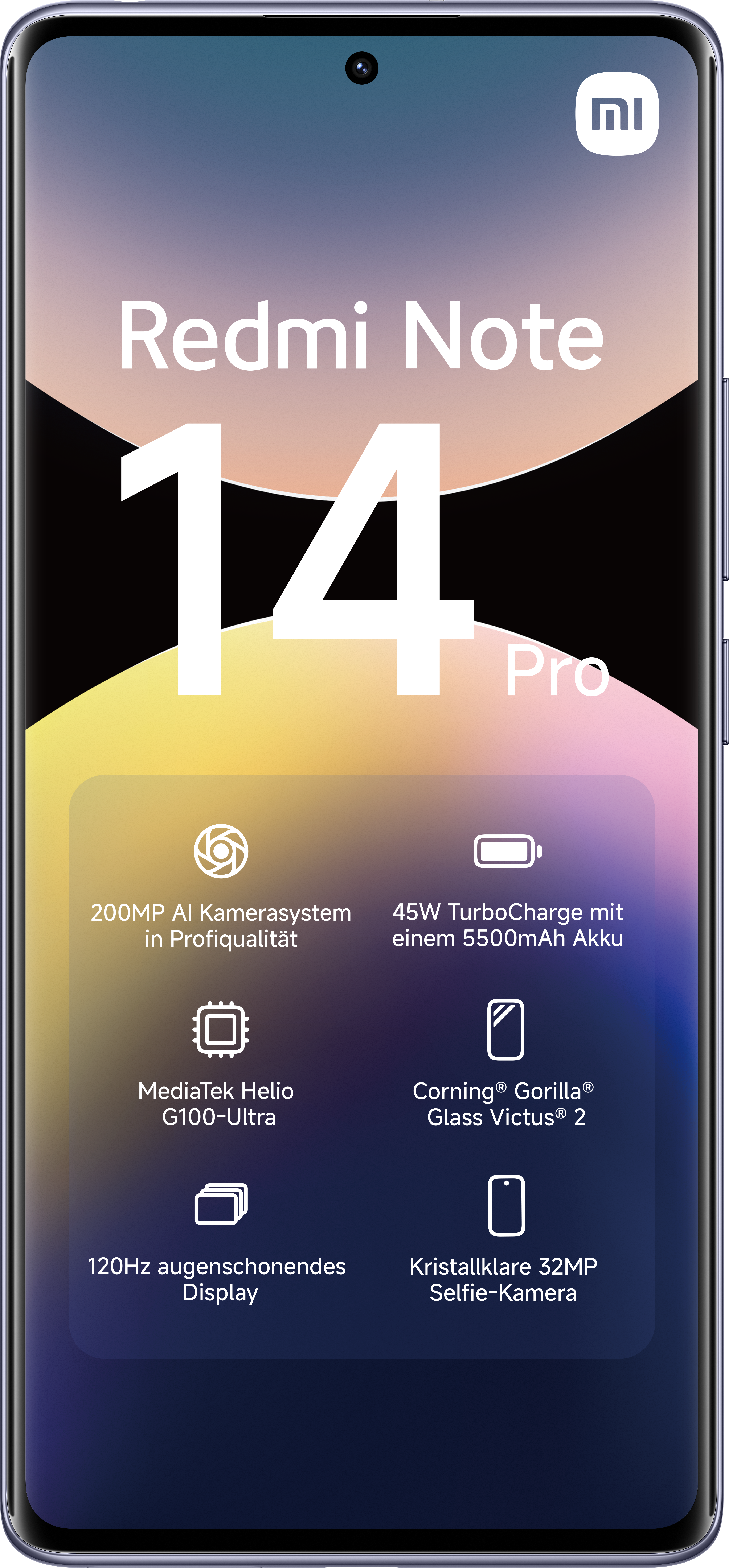 Ein Smartphone mit Redmi Note 14 Pro auf dem Bildschirm. Es hat einen gelb-blauen Hintergrund.