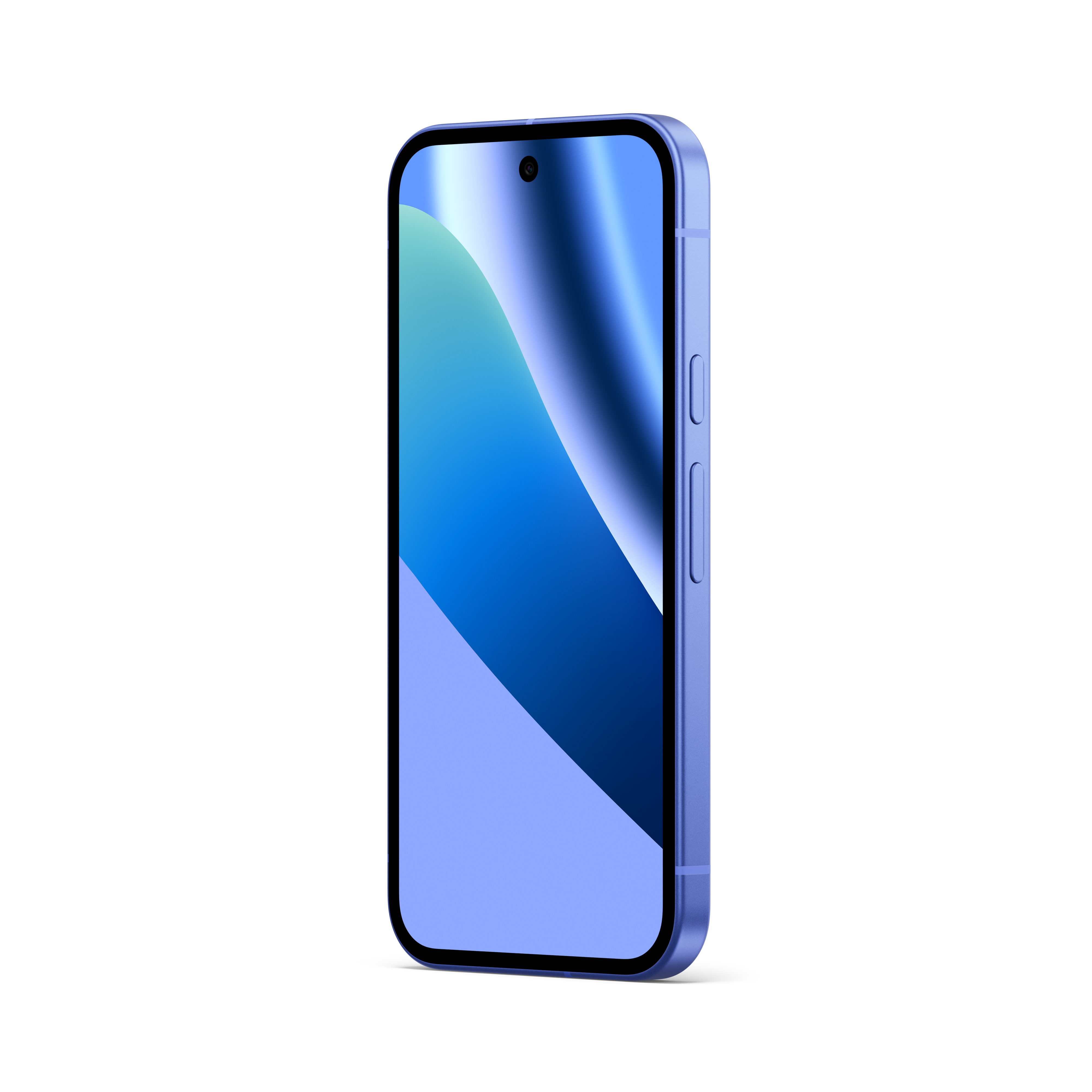 Ein lilafarbenes Smartphone mit einem blauen Hintergrundbild.