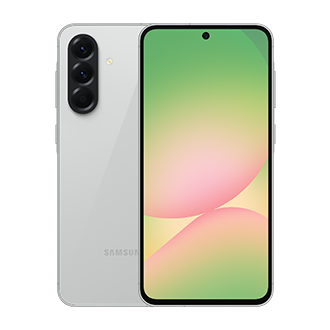 Smartphone: Silberne Rückseite, drei Kameras und ein Bildschirm mit farbenfrohem, abstraktem Bild. Samsung Logo.