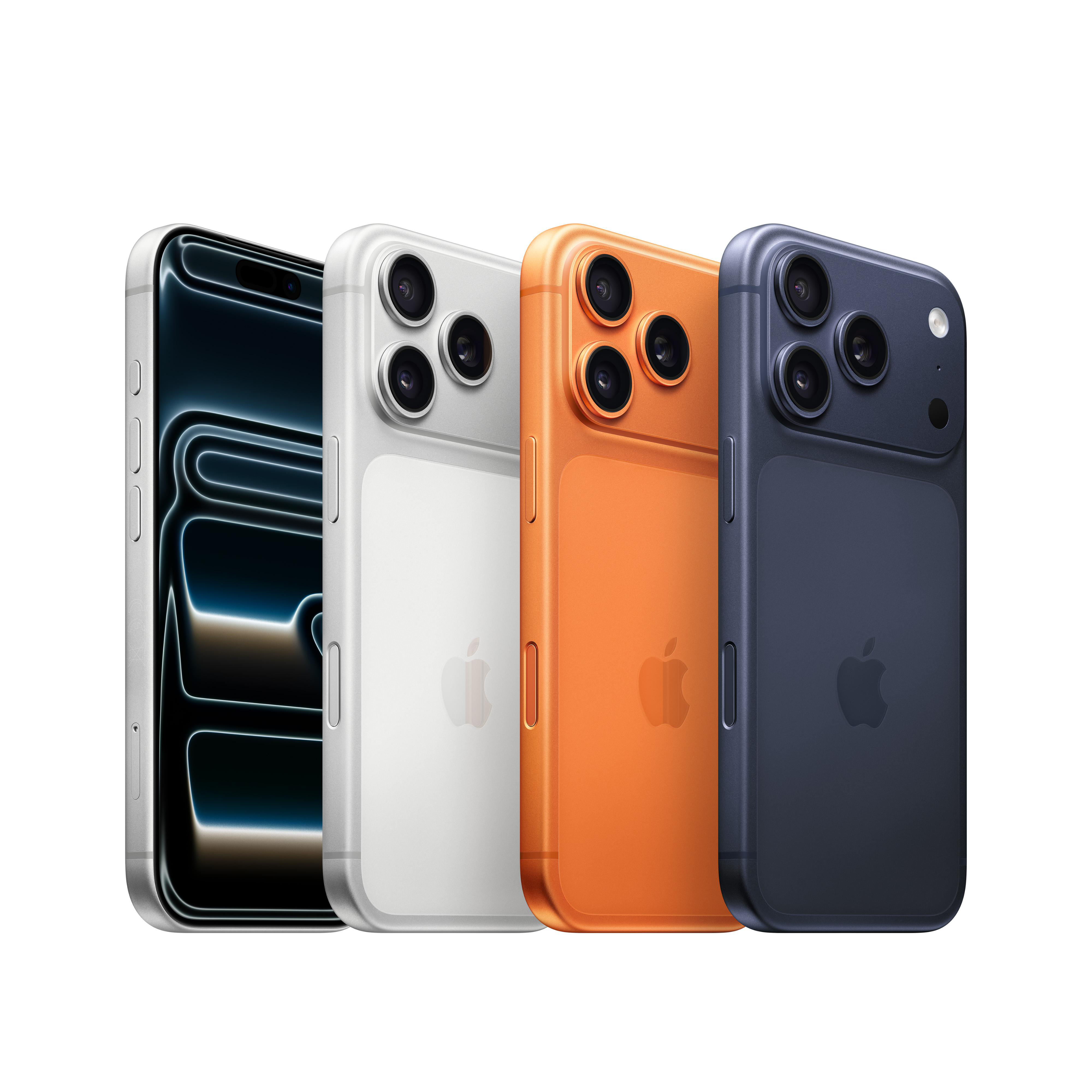 Vier iPhone-Modelle in verschiedenen Farben: Schwarz, Weiß, Orange und Blau. Jedes Telefon hat drei Rückkameras und ein Apple-Logo.