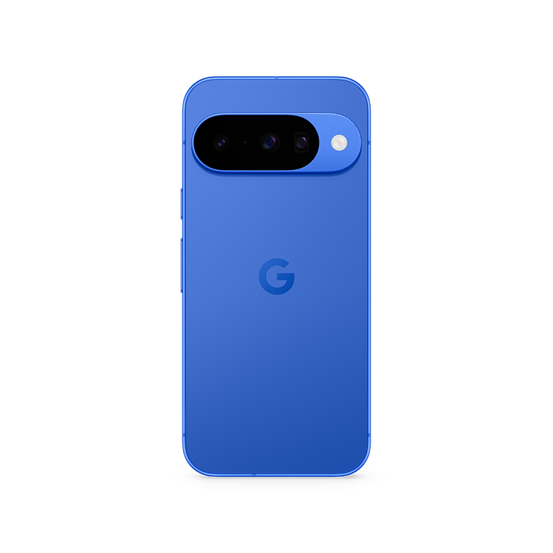 Blaues Smartphone mit Kameraleiste. Es hat ein 'G'-Logo. Die Kameraleiste enthält drei Objektive und einen Blitz.