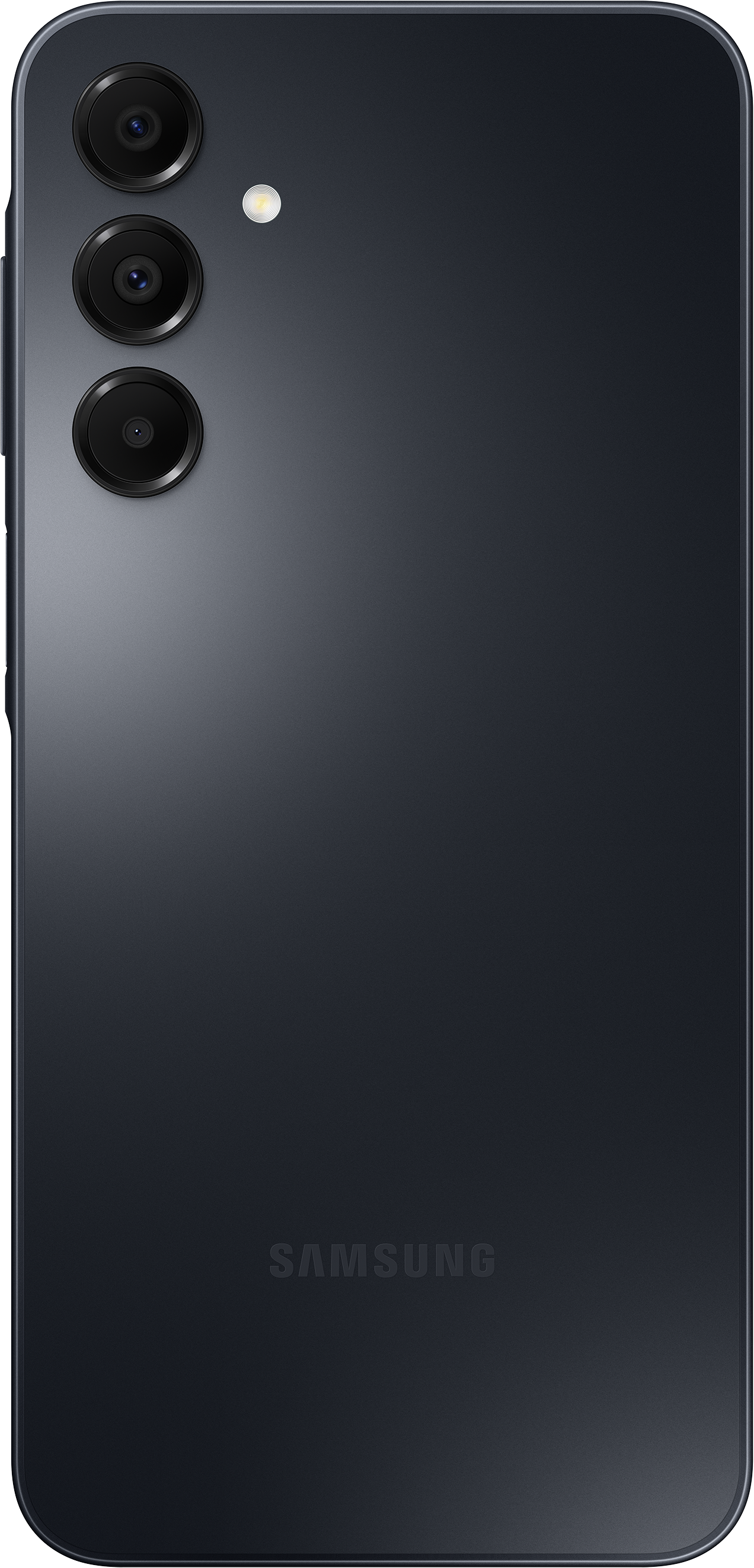 Rückseite eines schwarzen Smartphones mit drei Kameras und Samsung-Logo.