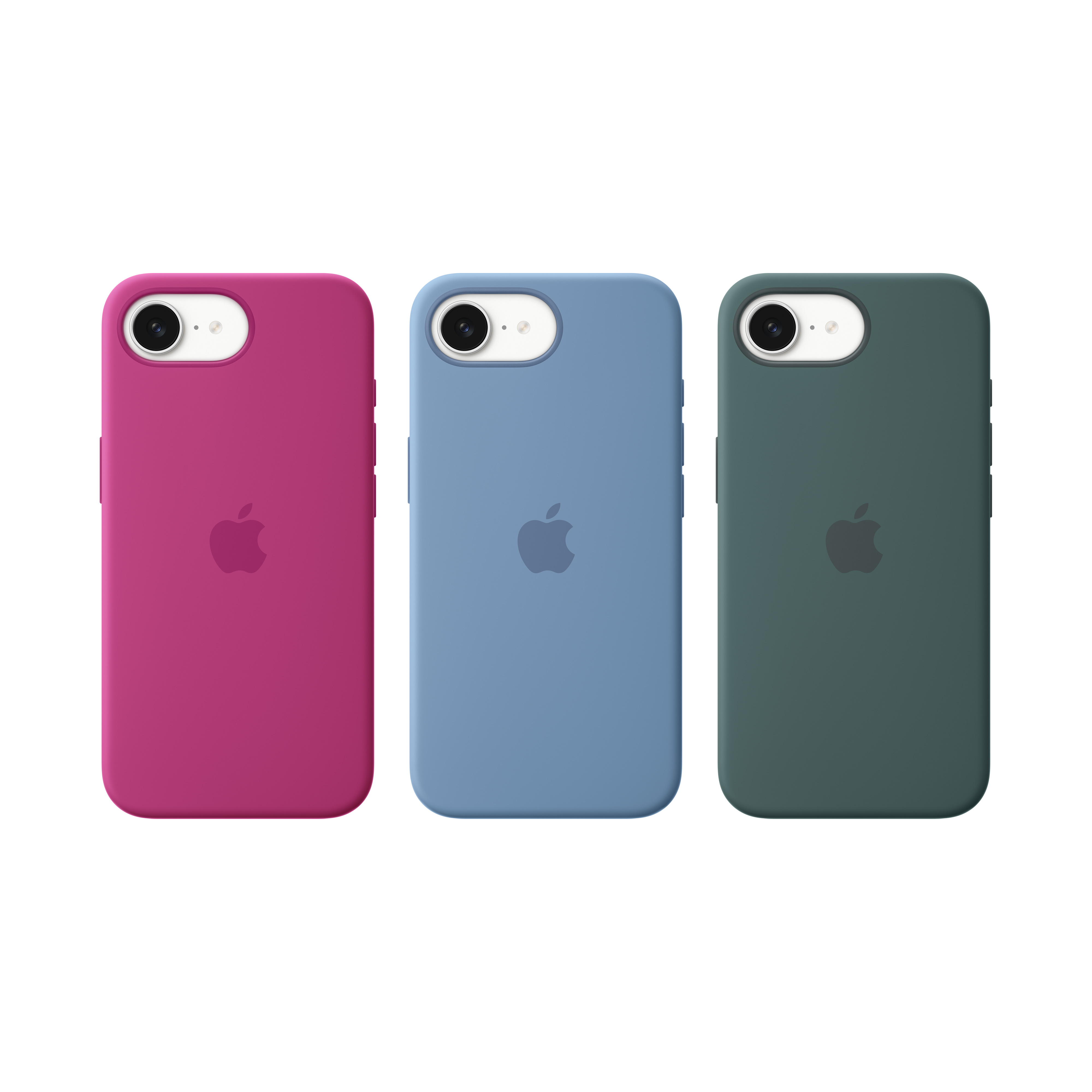 Drei Telefonhüllen in Rosa, Blau und Grün, mit dem Apple-Logo.