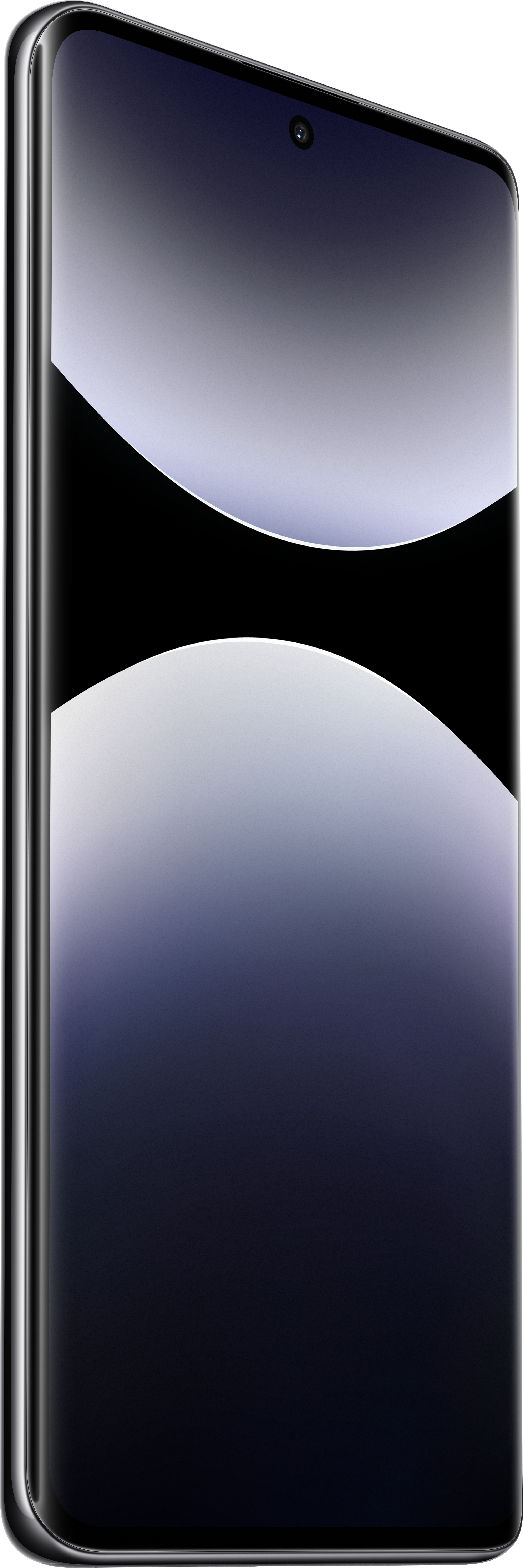Ein modernes Smartphone mit gewölbtem Bildschirm. Der Bildschirm zeigt einen Farbverlauf aus Weiß, Schwarz und Blau.